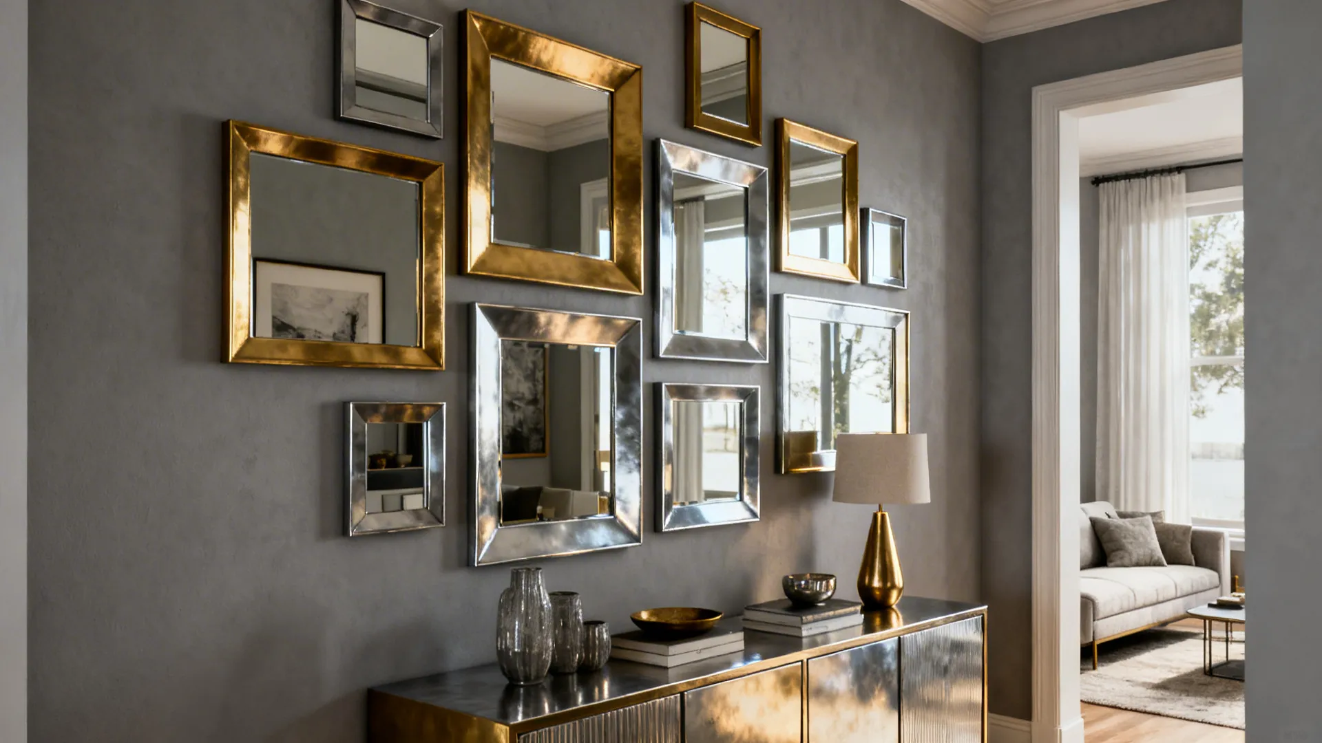 3. Mixed metal art and mirrors for depth