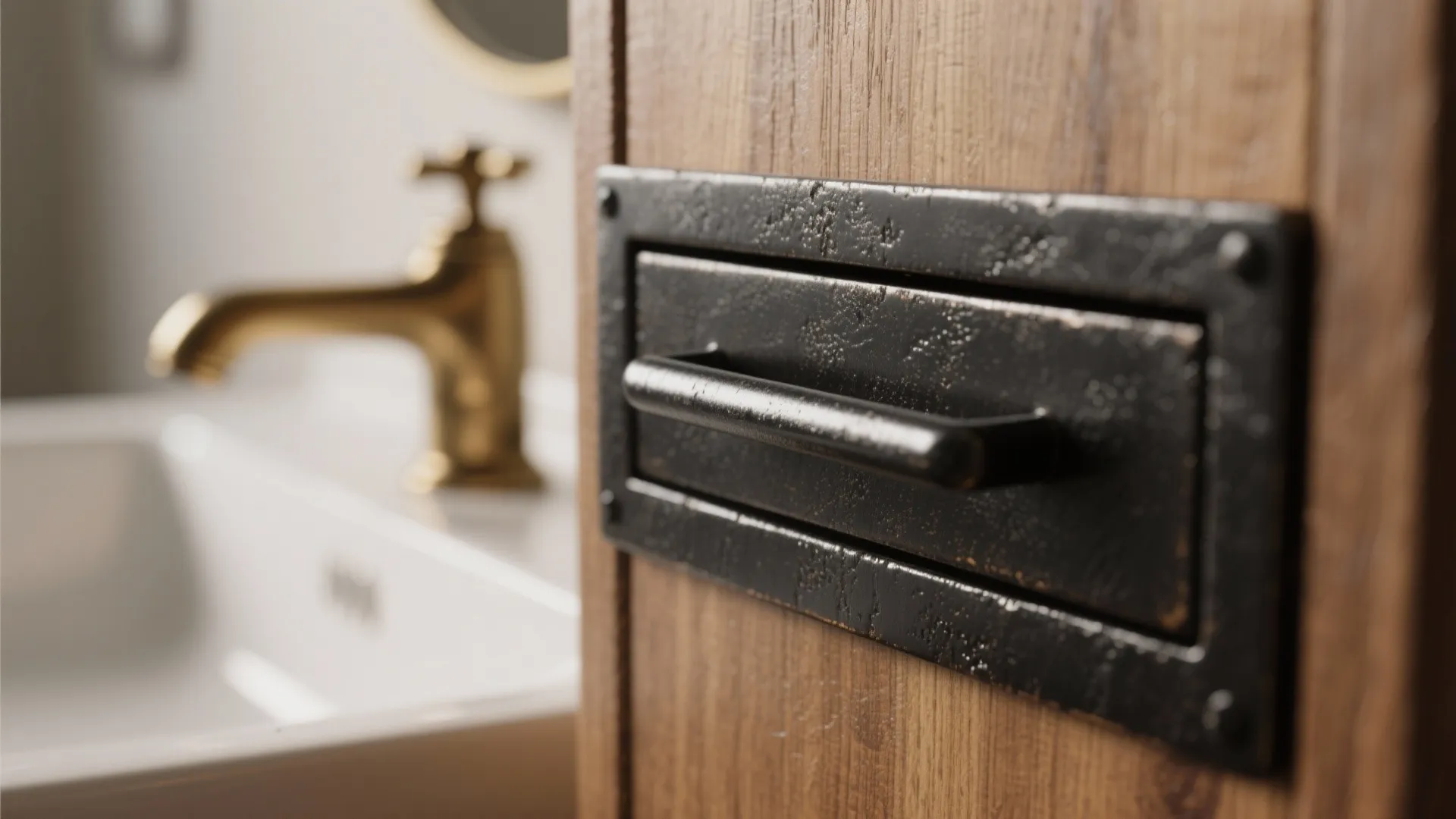 Close-up of matte black pulls paired with aged brass faucet on wood vanity