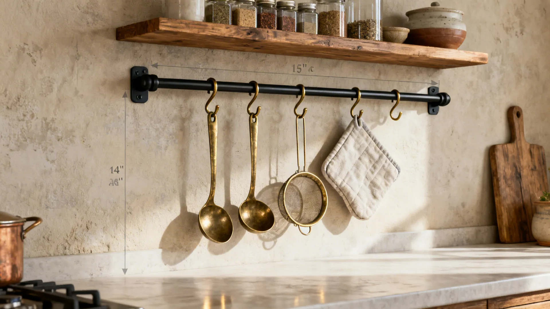 Matte black rail with brass hooks and spices on a shallow shelf in a rustic kitchen.