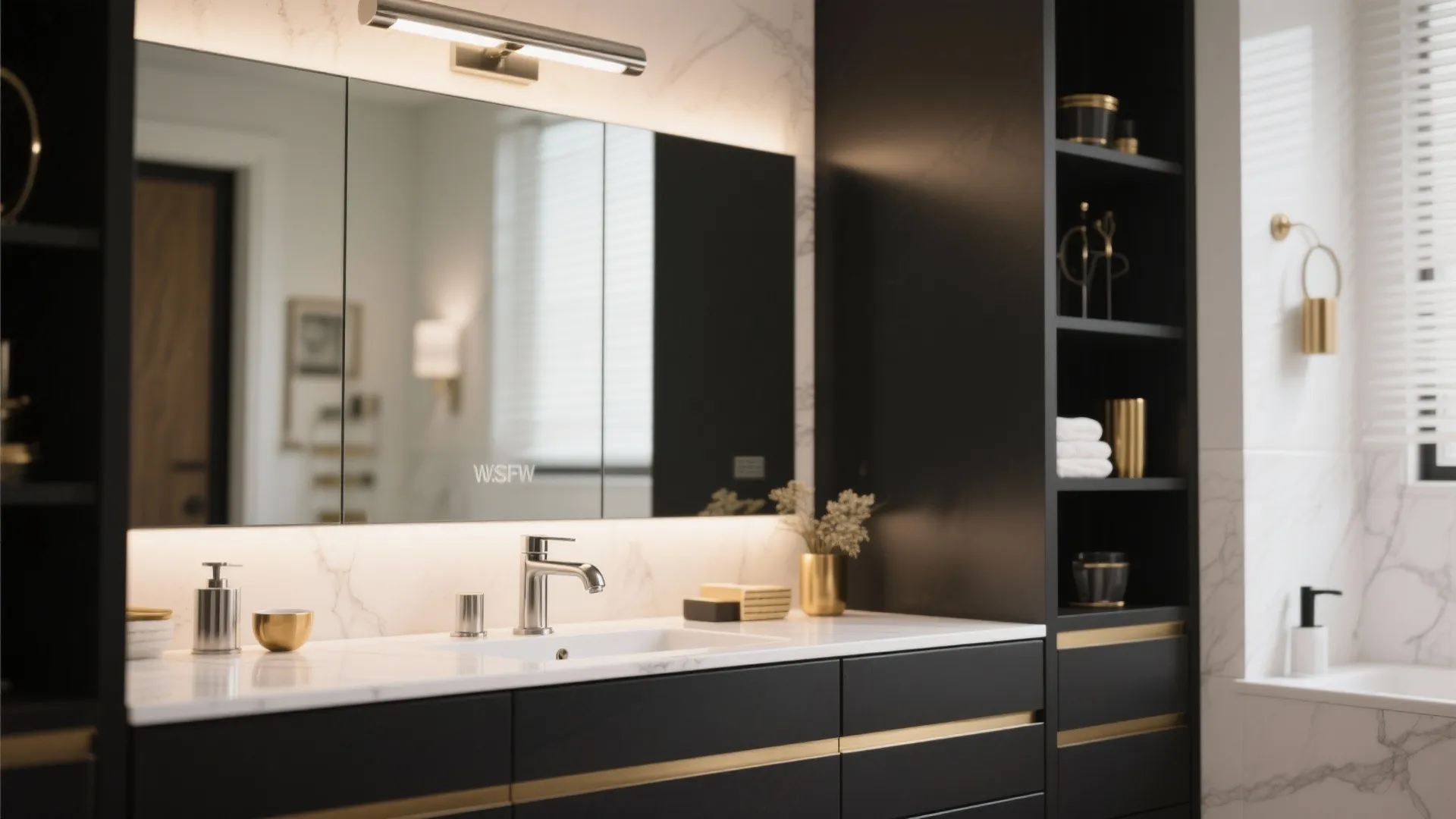 Modern black bathroom vanity with marble top, large mirror, long light fixture, and gold accents