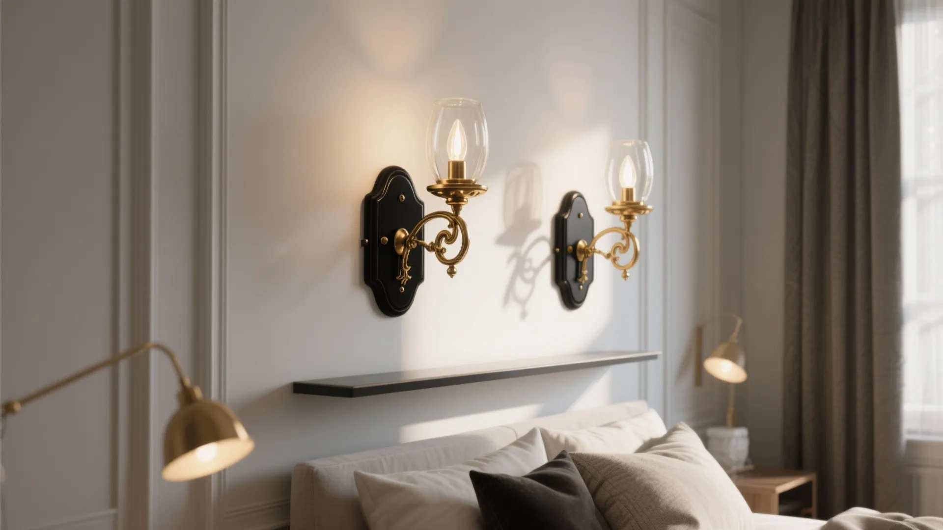 Contemporary apartment wall with antique brass Victorian sconces and matte black accents for contrast.