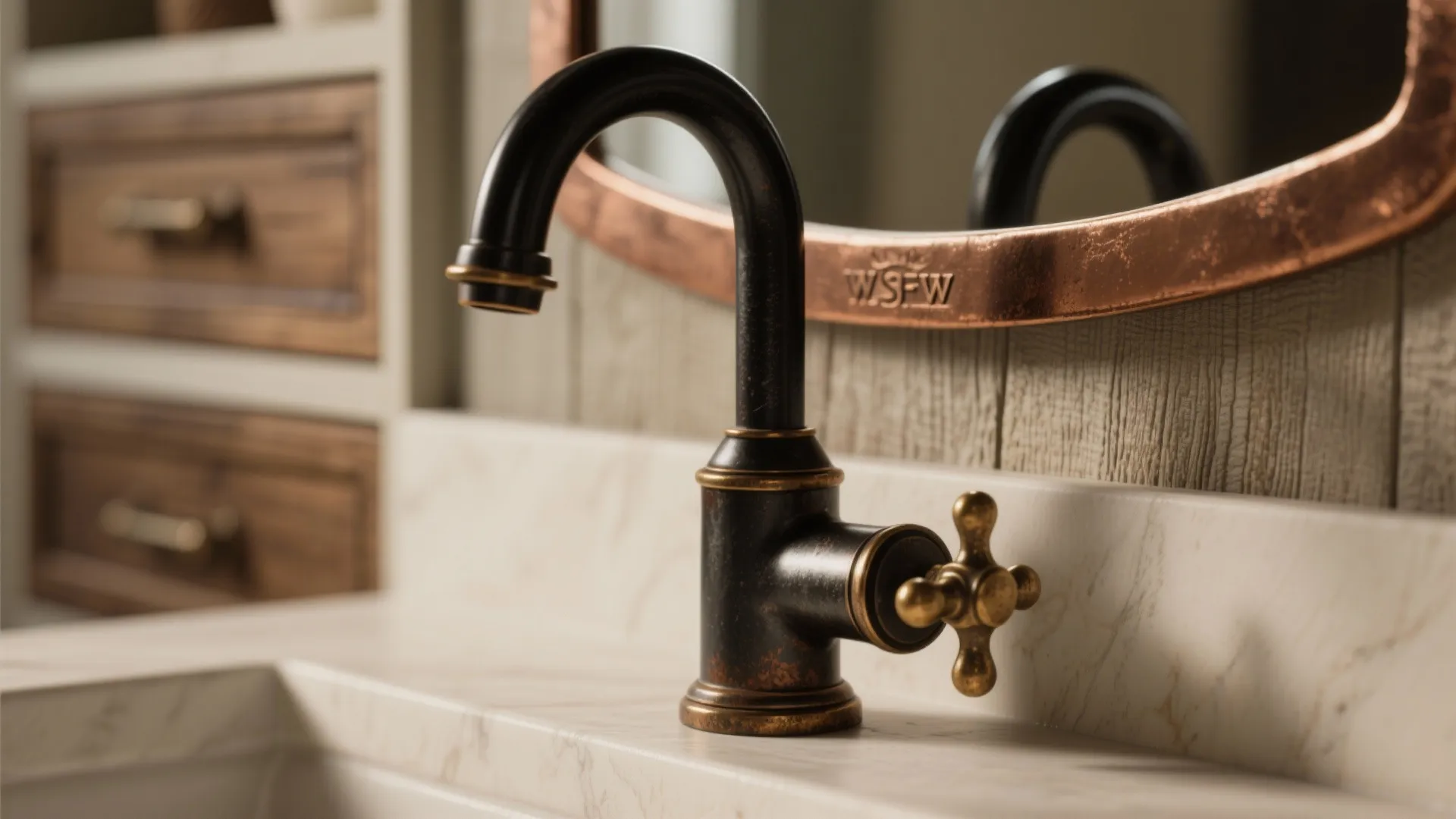 Close up of vintage black and gold sink water tap on a white marble counter