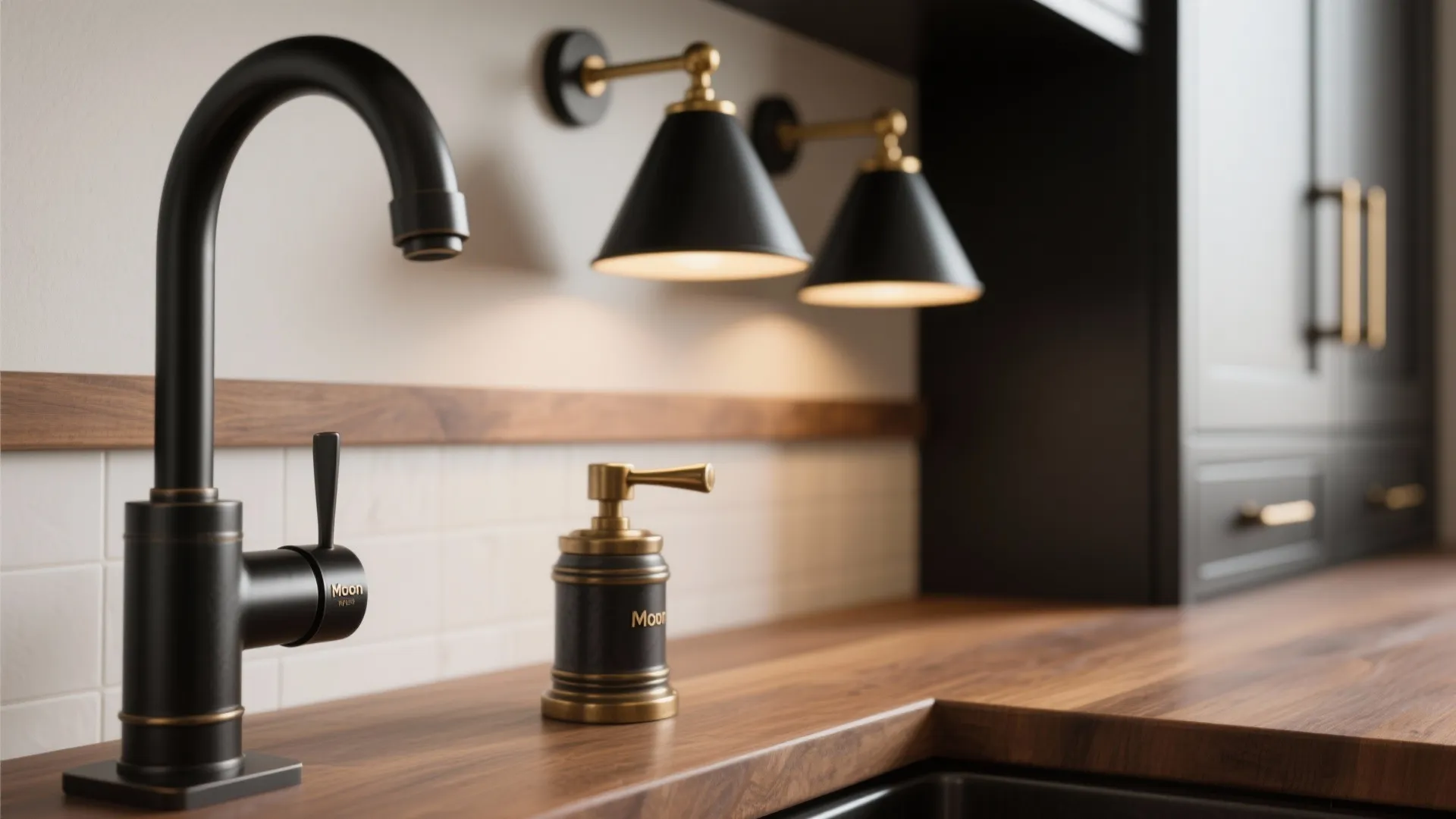 Modern kitchen with black faucet gold soap dispenser wood counter top and black wall lights