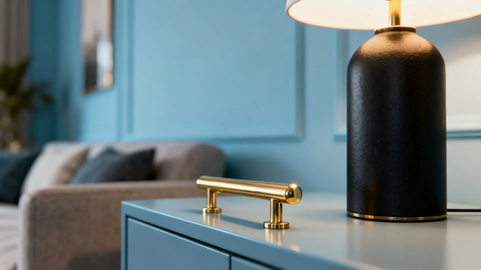 Close up of blue cabinet with gold handle and black table lamp with blurred background