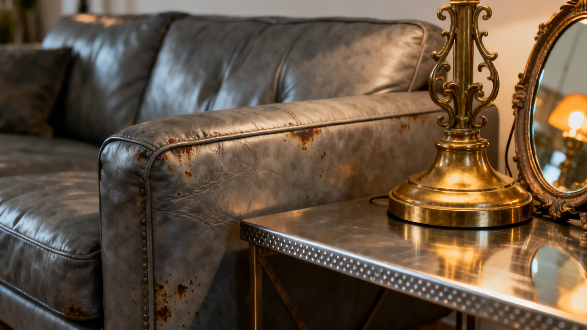 Brass and brushed steel accents near a grey leather couch with vintage mirror.