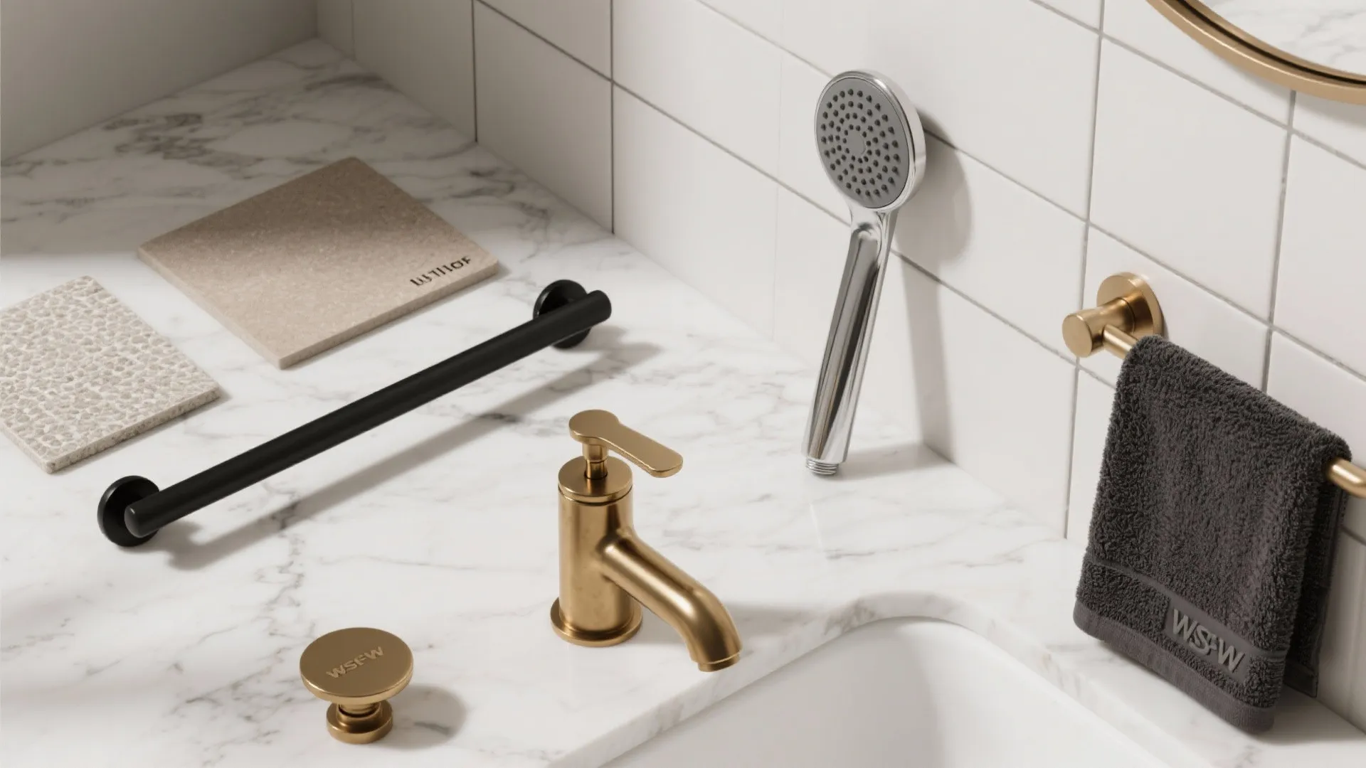 Gold faucet and black grab bar on marble counter next to white tiles and towel