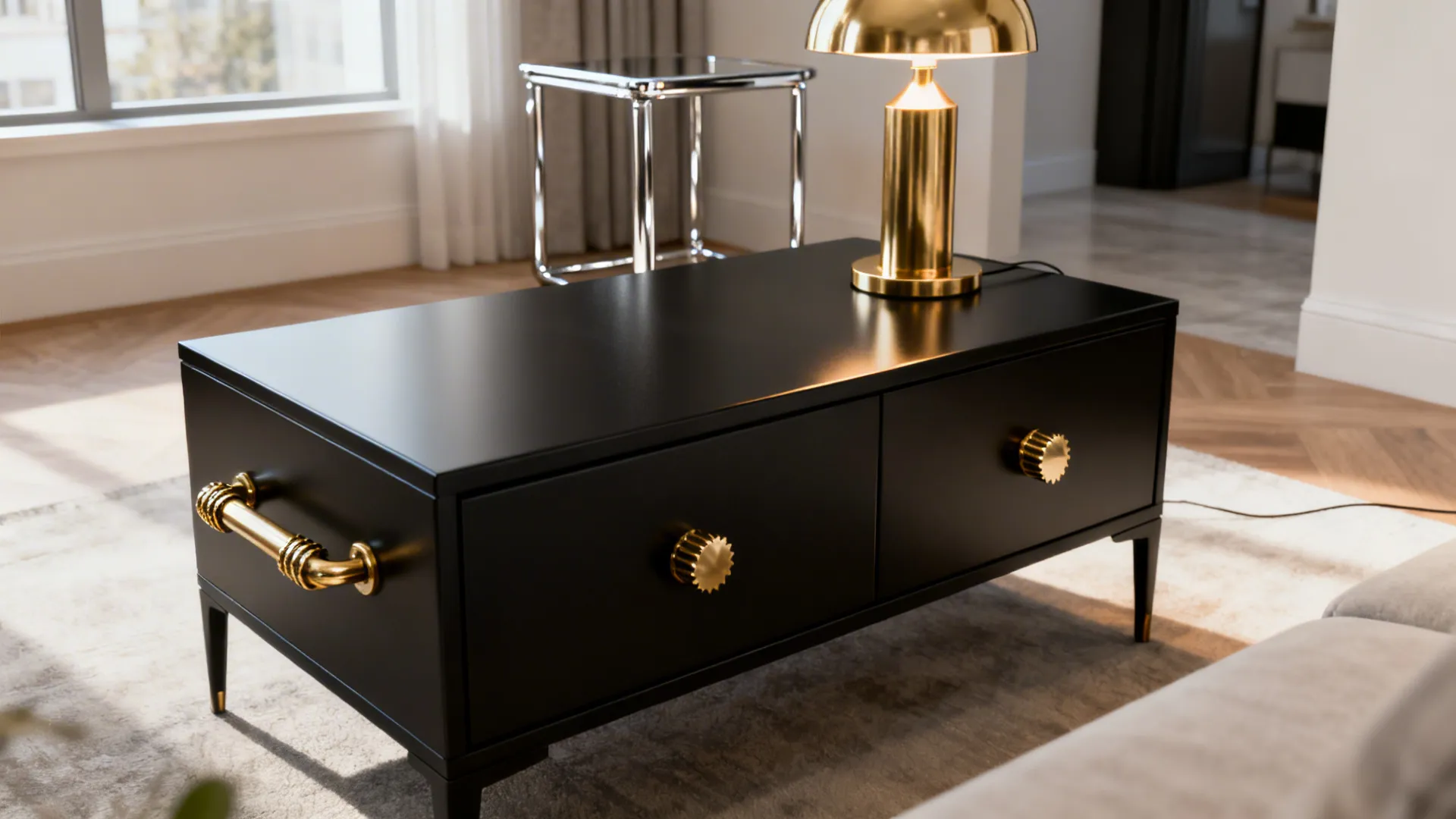Black coffee table with coordinated brass and chrome accents for cohesive styling