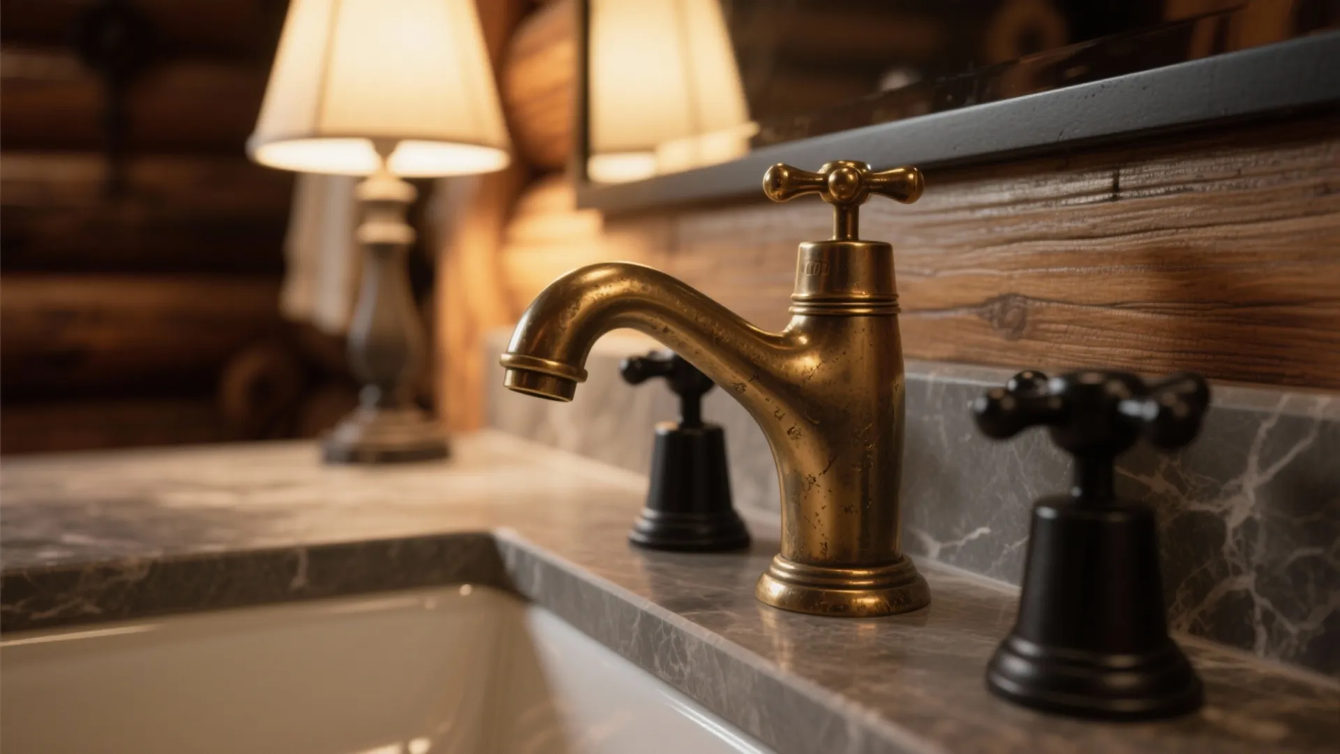 Macro detail of an aged brass faucet paired with matte black hardware on a wood-and-stone vanity.