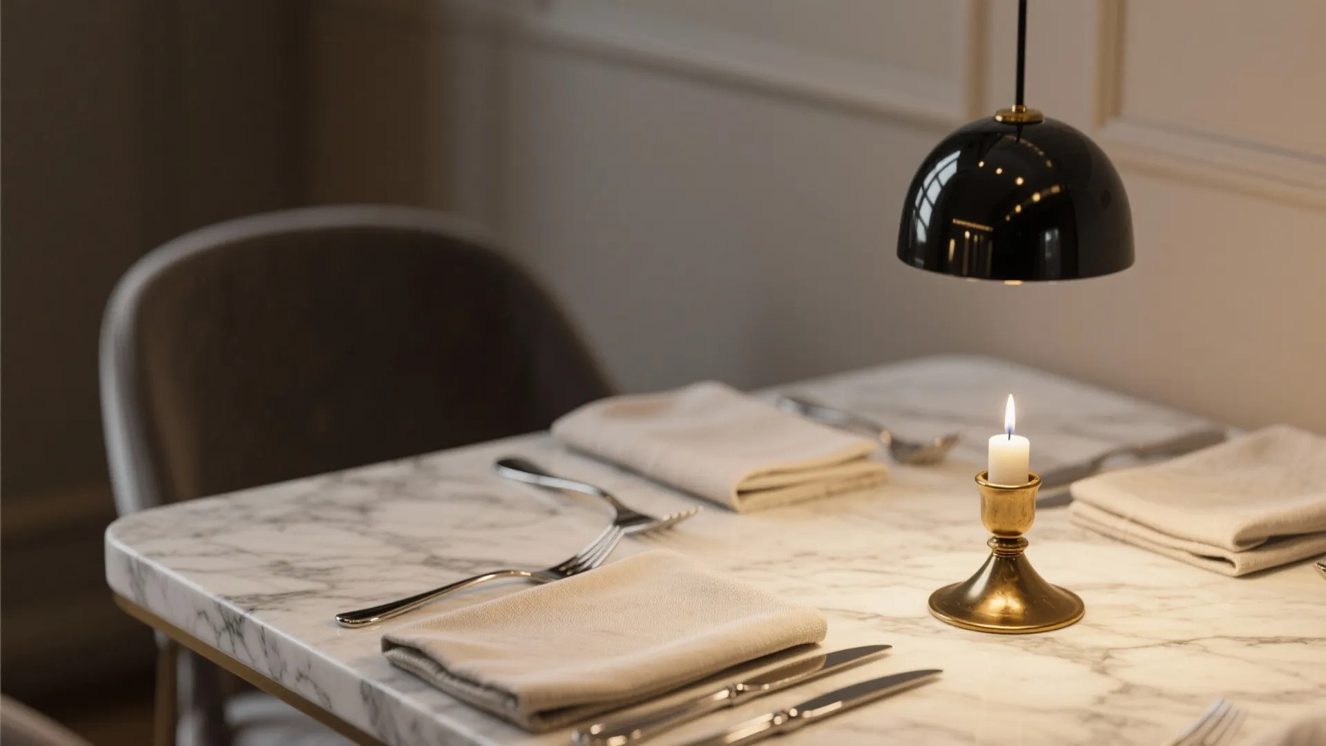 Close up of marble table setting with candle napkins cutlery and black metal light fixture