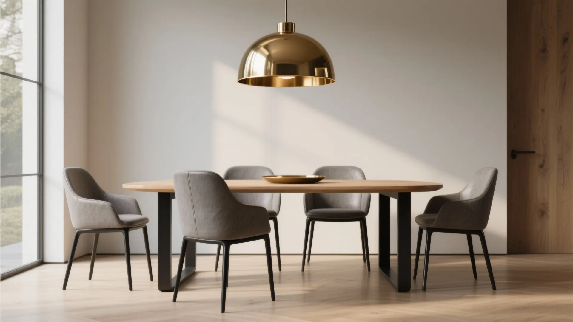 Modern dining room featuring wooden table with grey chairs and a gold ceiling light fixture