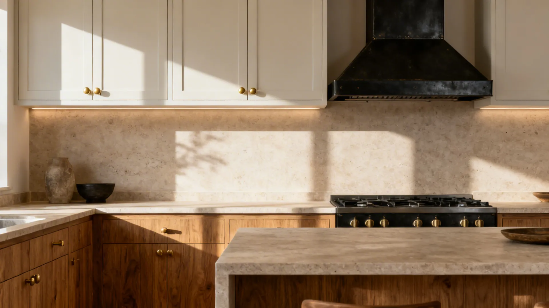 Rift oak base cabinets with light uppers, blackened steel hood, and brass pulls.