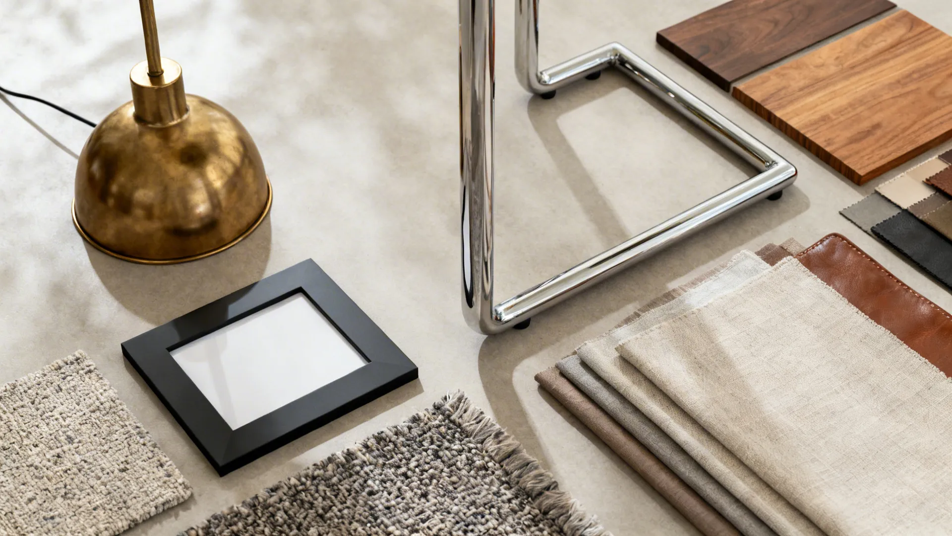 Flatlay of brass, matte black, and chrome samples with fabric and wood swatches for styling a white sofa.
