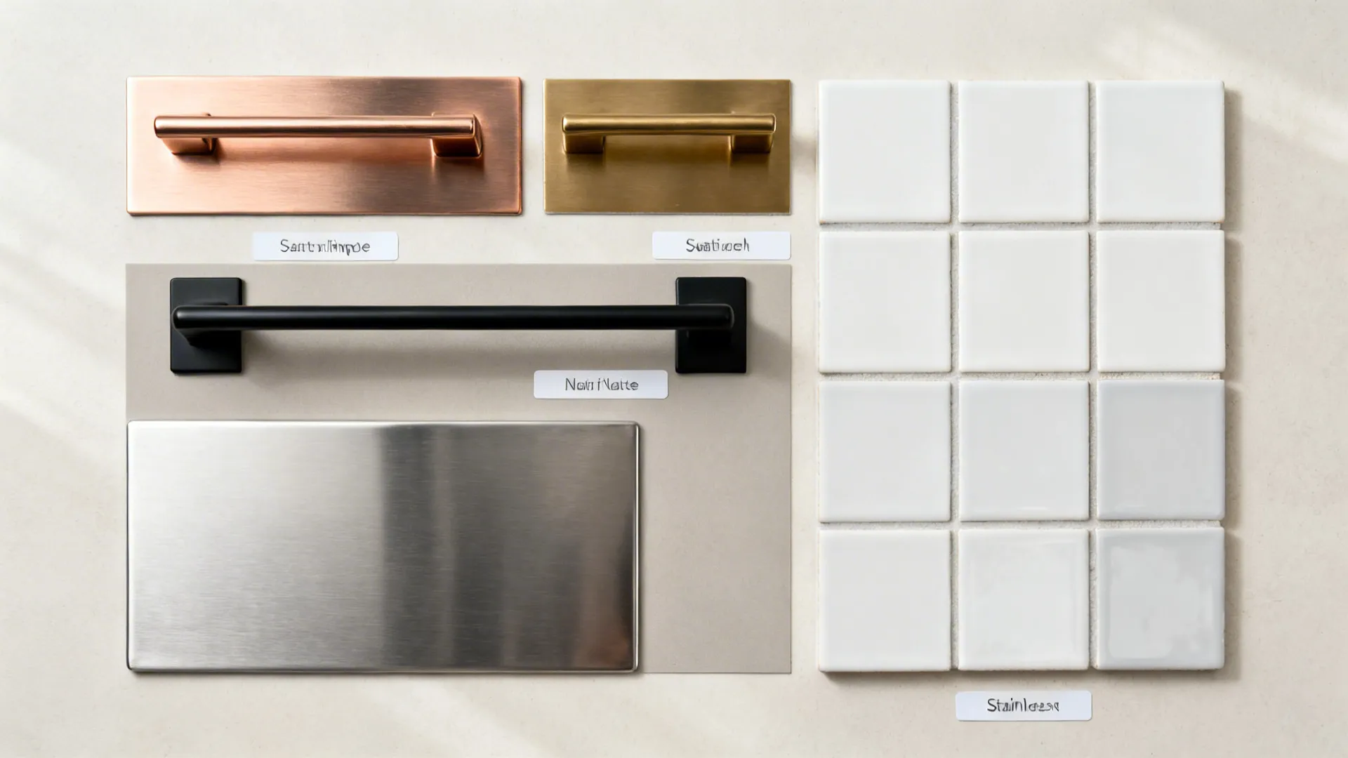 Top-down flat lay of rose gold, brass, matte black, stainless samples with neutral tile.