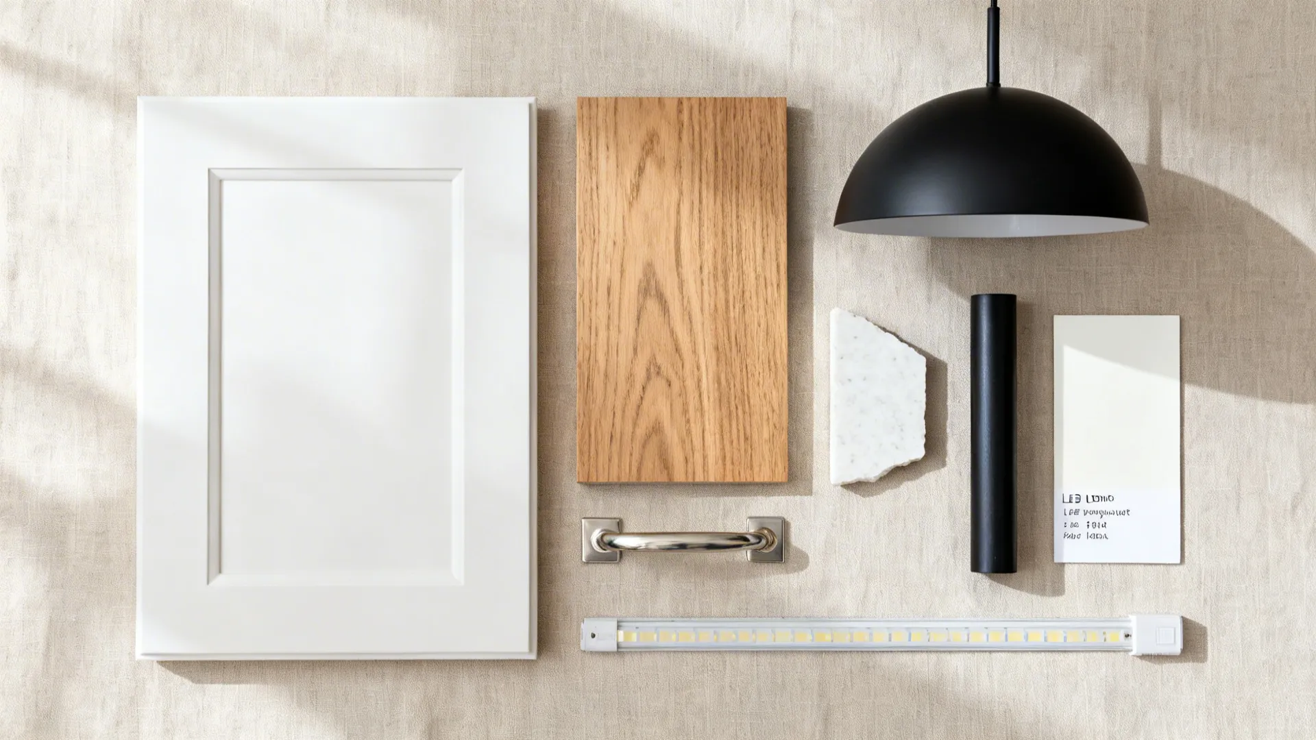 Top-down flat lay featuring white cabinet, oak veneer, white quartz, brushed nickel pull, and matte black accent.