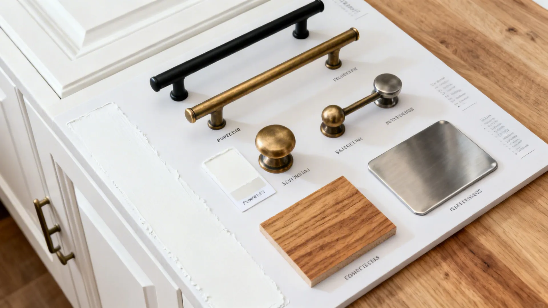 Top-down materials board with black pulls, brass knobs, white paint, oak, and stainless samples.