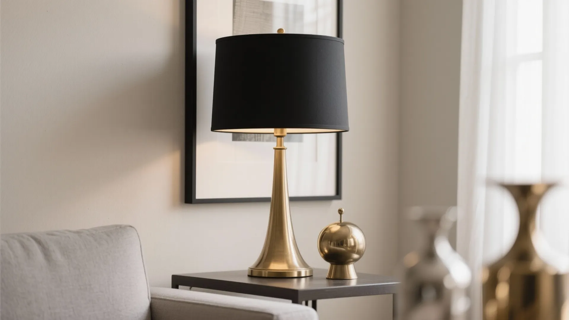 Mixed metal decor accents in a beige-gray living room