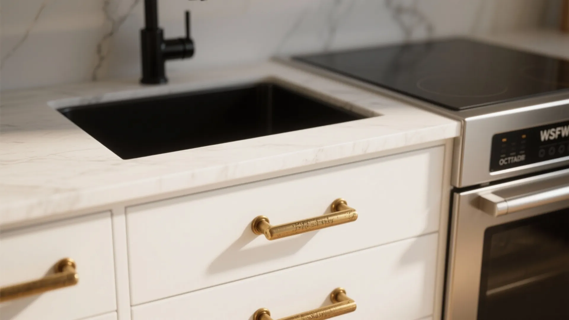 Brass pulls and a black matte faucet paired with stainless steel appliance detail.