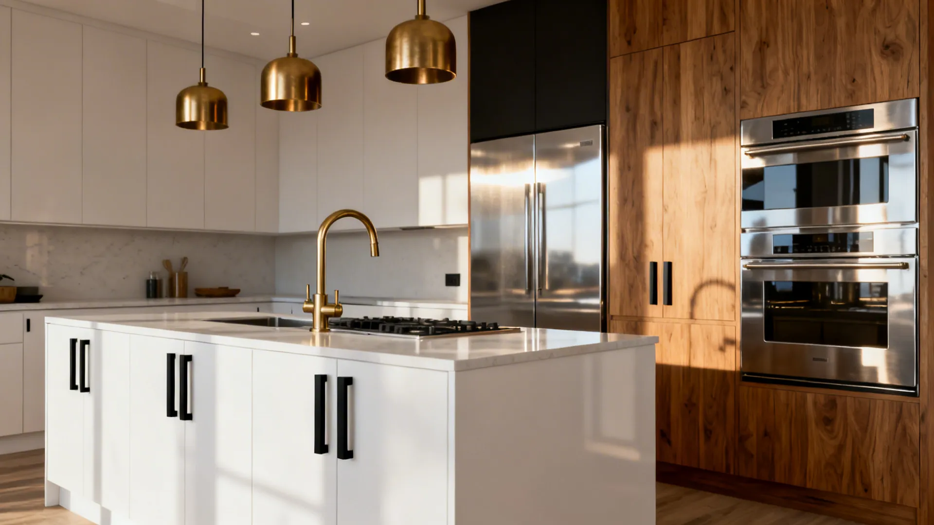Compact kitchen with black pulls, brass faucet and lights, and stainless appliances.
