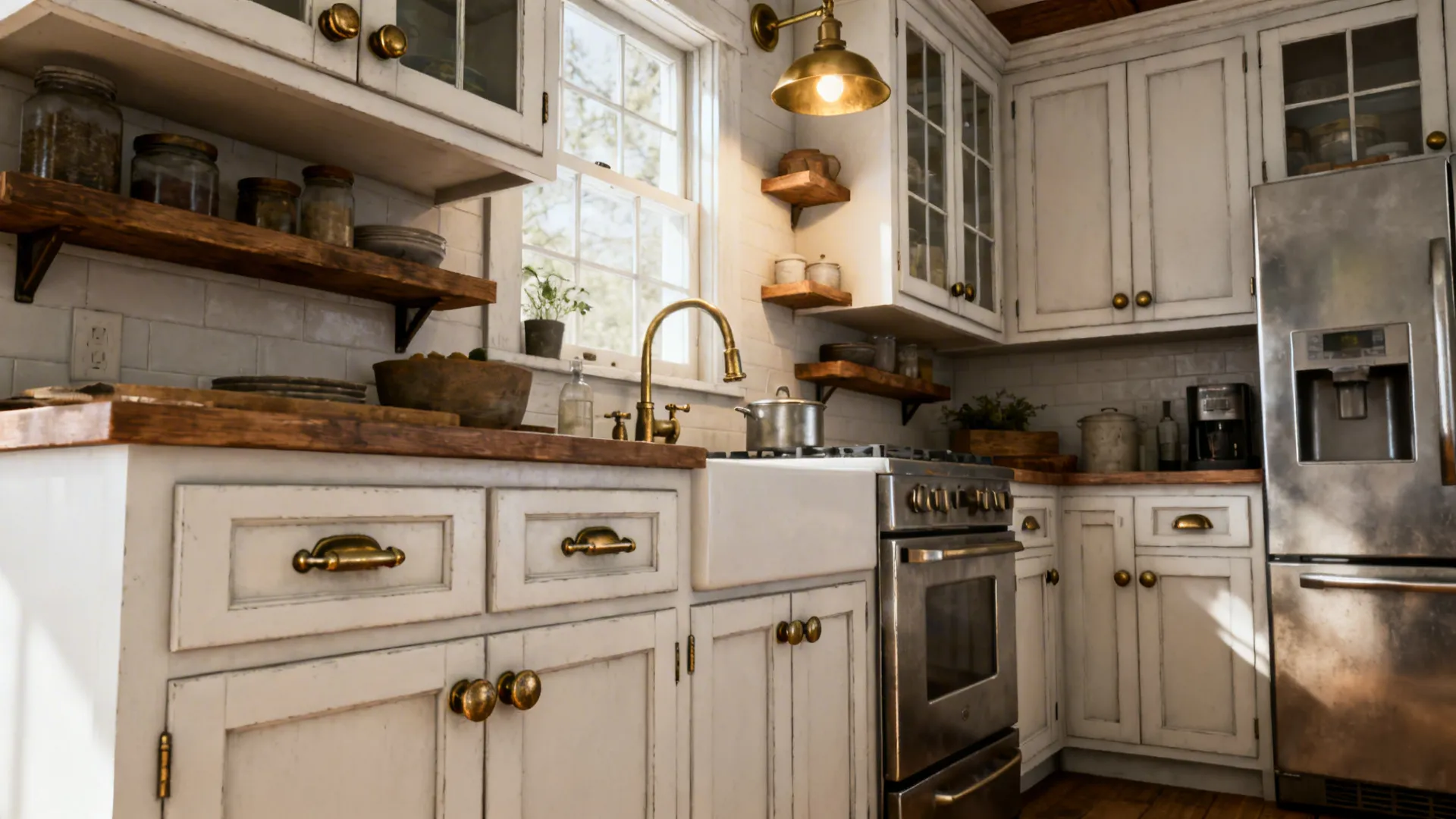 Brushed nickel pulls on drawers and aged brass knobs on uppers in a small farmhouse kitchen.