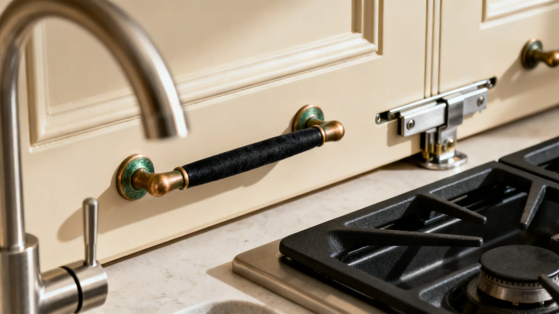 Close-up of aged brass knob on cream shaker cabinetry near a matte black range and brushed nickel faucet.