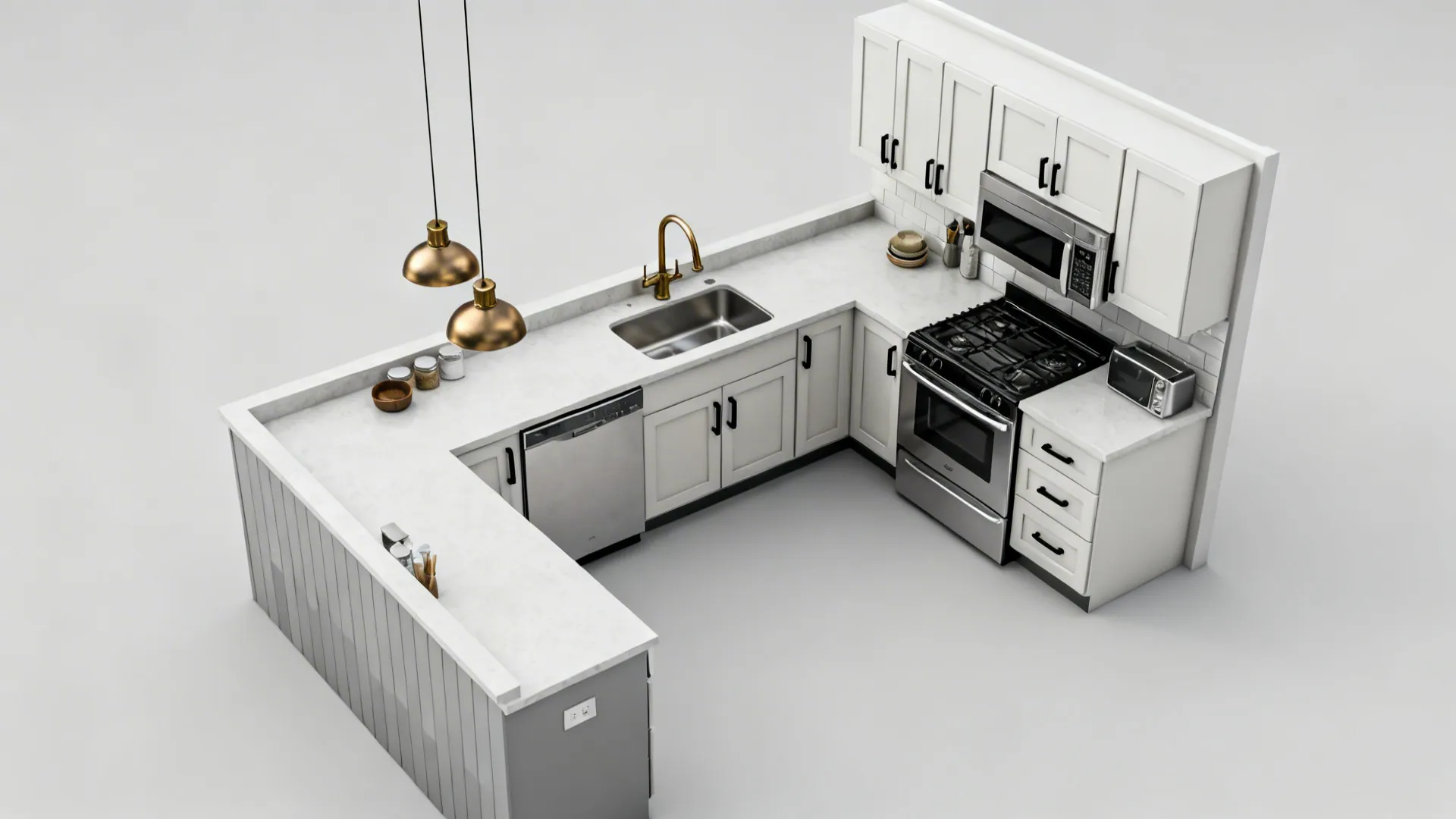 Top-down L-shaped kitchen plan showing black pulls, brass faucet, and stainless appliances.