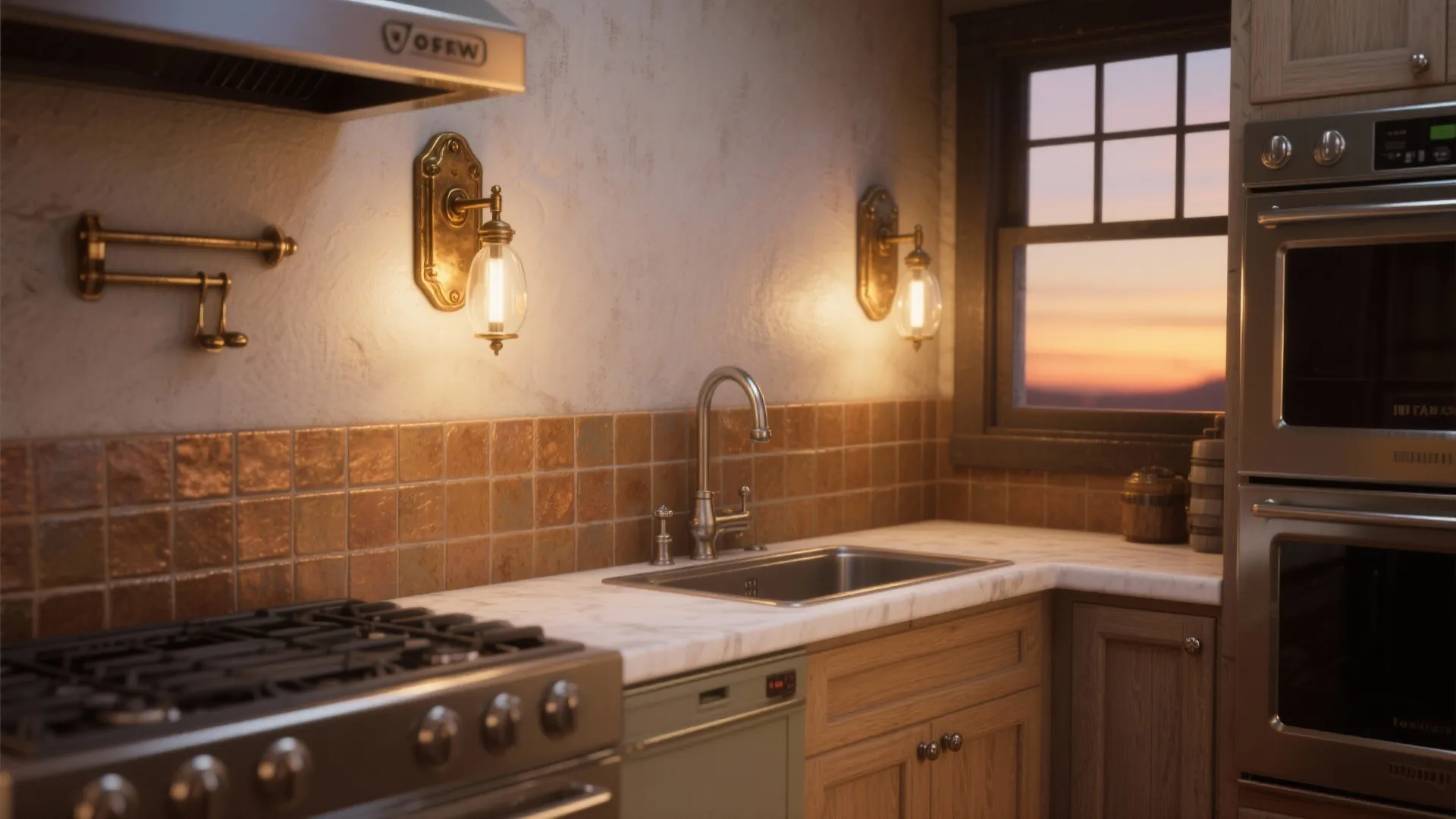 Rustic kitchen with two wall lights above the sink and wooden cabinets by the window