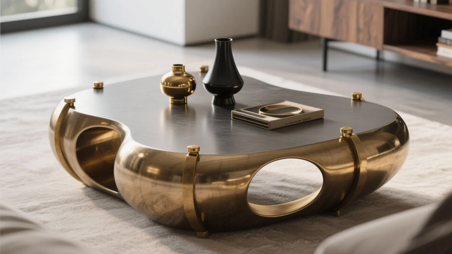 Modern gold coffee table with black top and decorative vases on a light grey rug