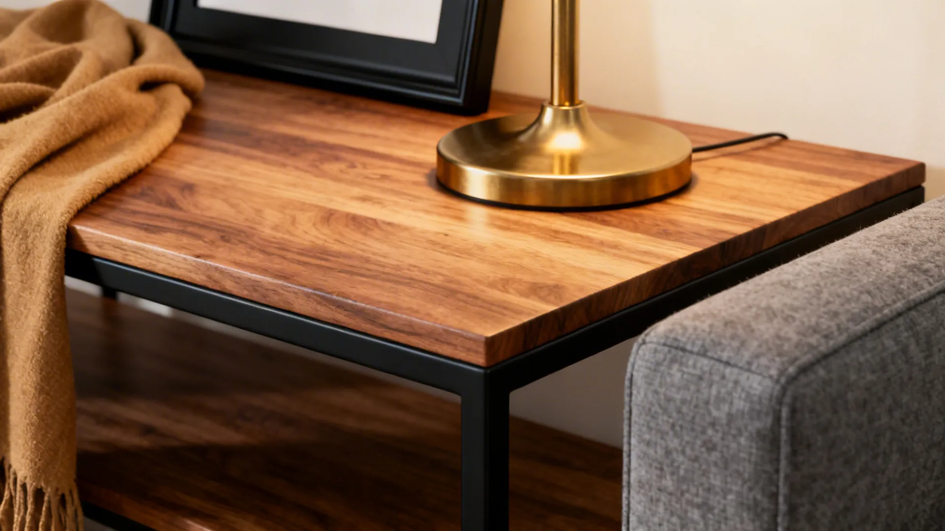Oak table with brass lamp and matte black frame alongside tan and gray textiles