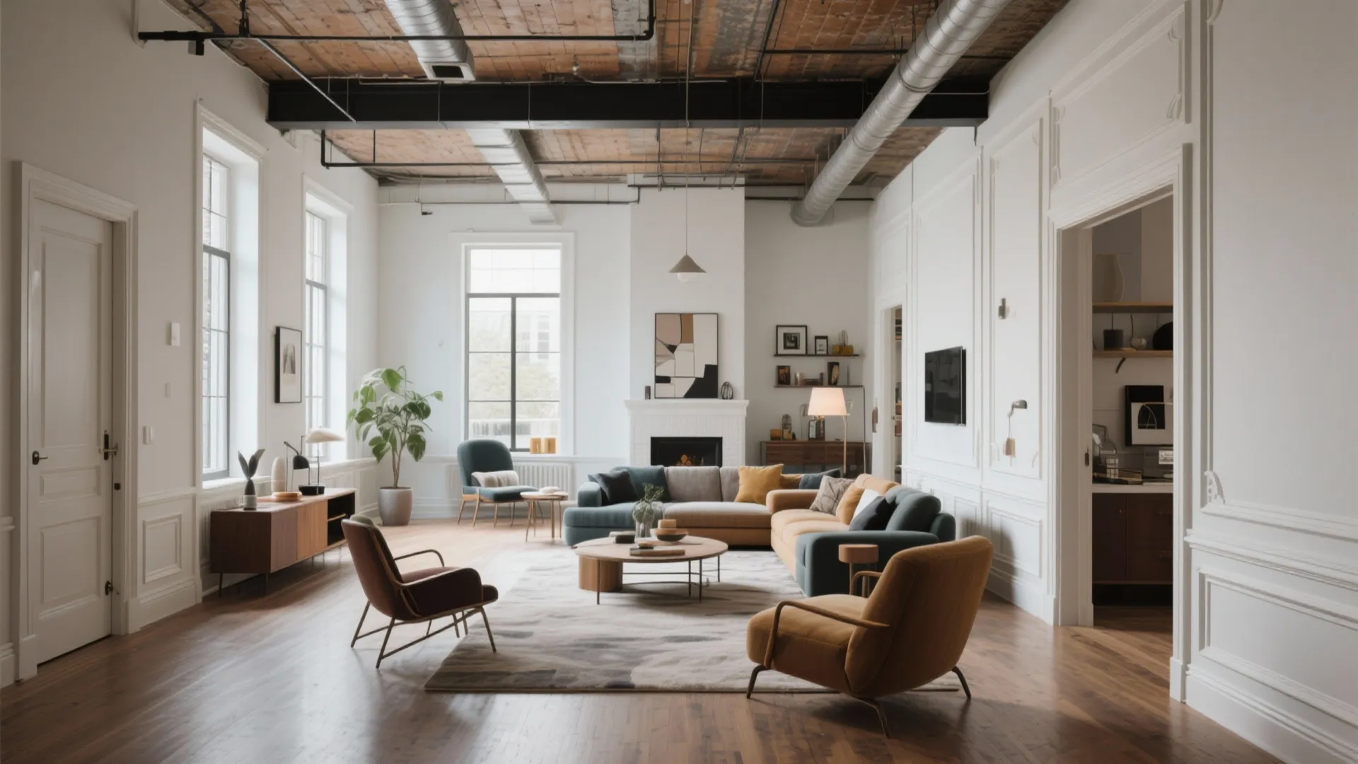 Industrial loft living room with white wall panels exposed ceiling pipes and modern colorful sofa furniture
