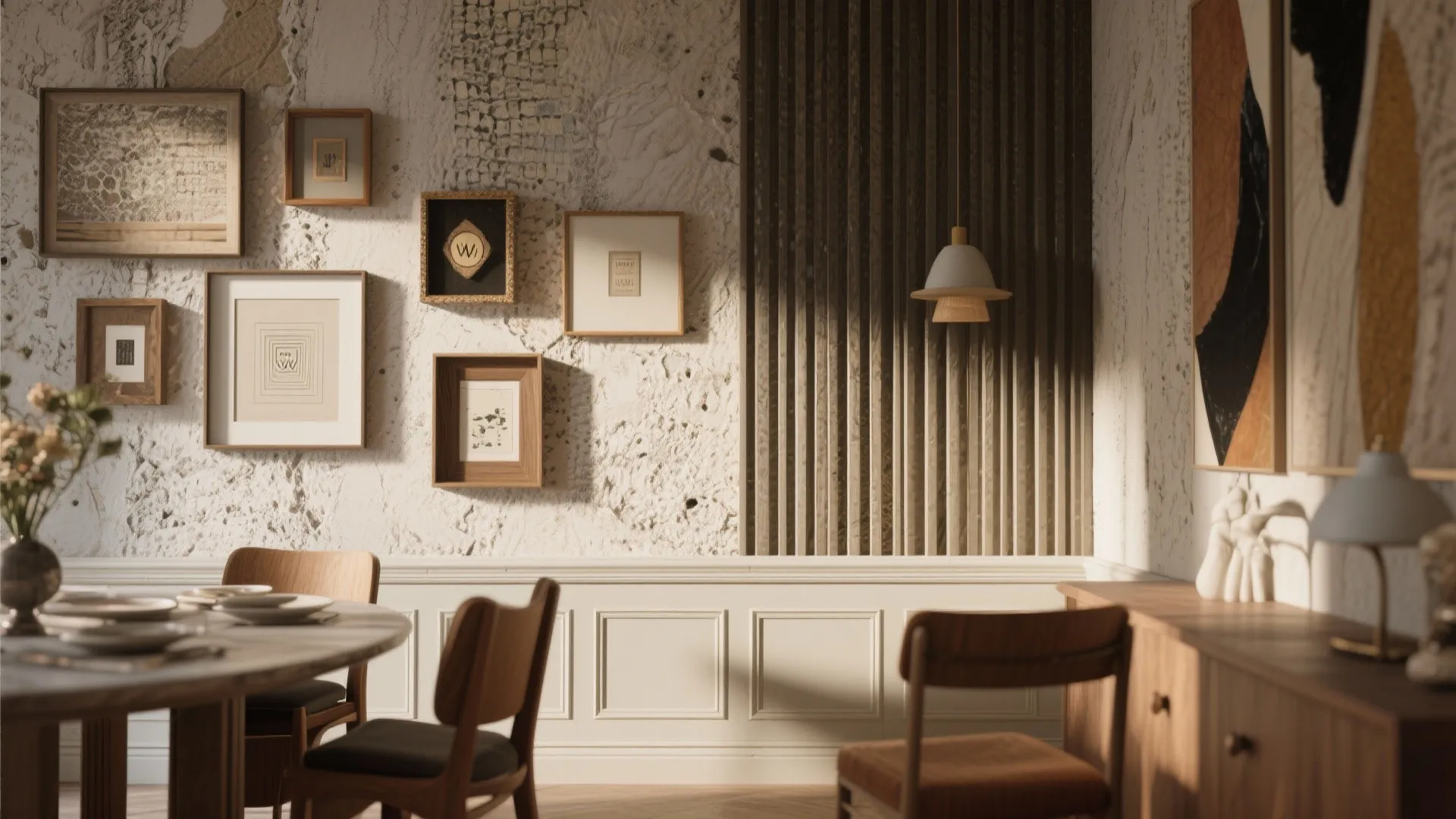 Eclectic dining room wall with mixed molding styles
