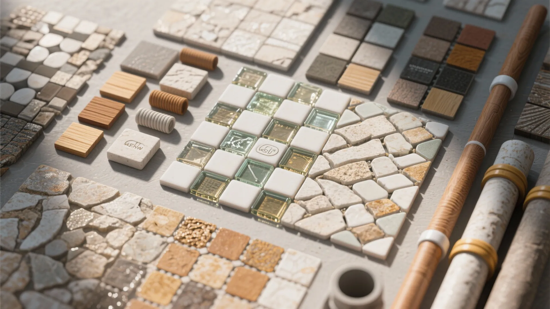 Various interior design material samples including small square tiles, stone pieces, and wood texture blocks