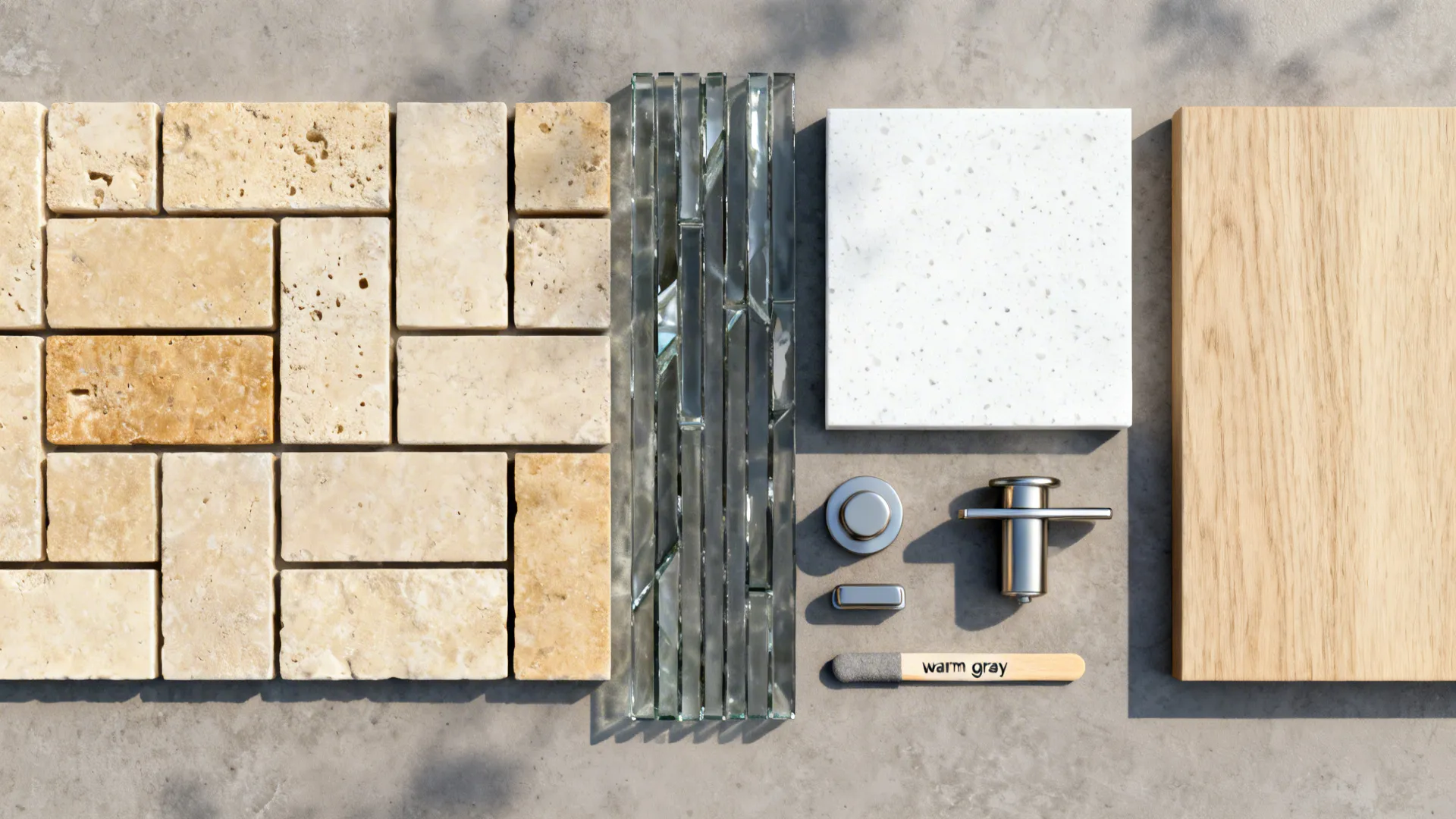 Top-down flatlay of travertine, smoky glass, quartz, oak, and warm gray grout for a linear mosaic.