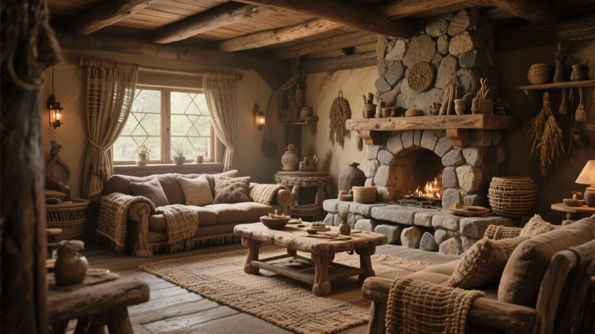 Cozy rustic living room with stone fireplace wooden coffee table brown sofa and warm lighting