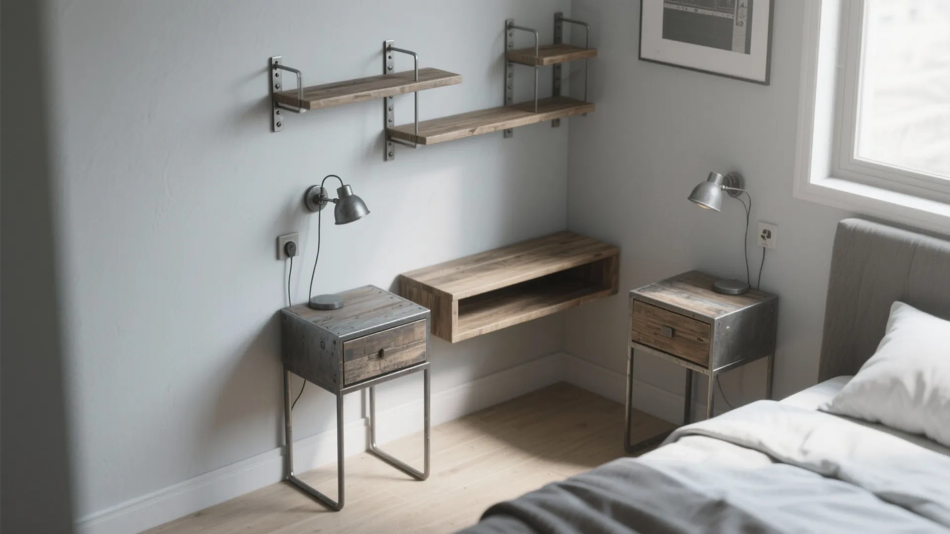 Industrial bedside tables with wooden floating wall shelves and small grey lamps in bedroom corner