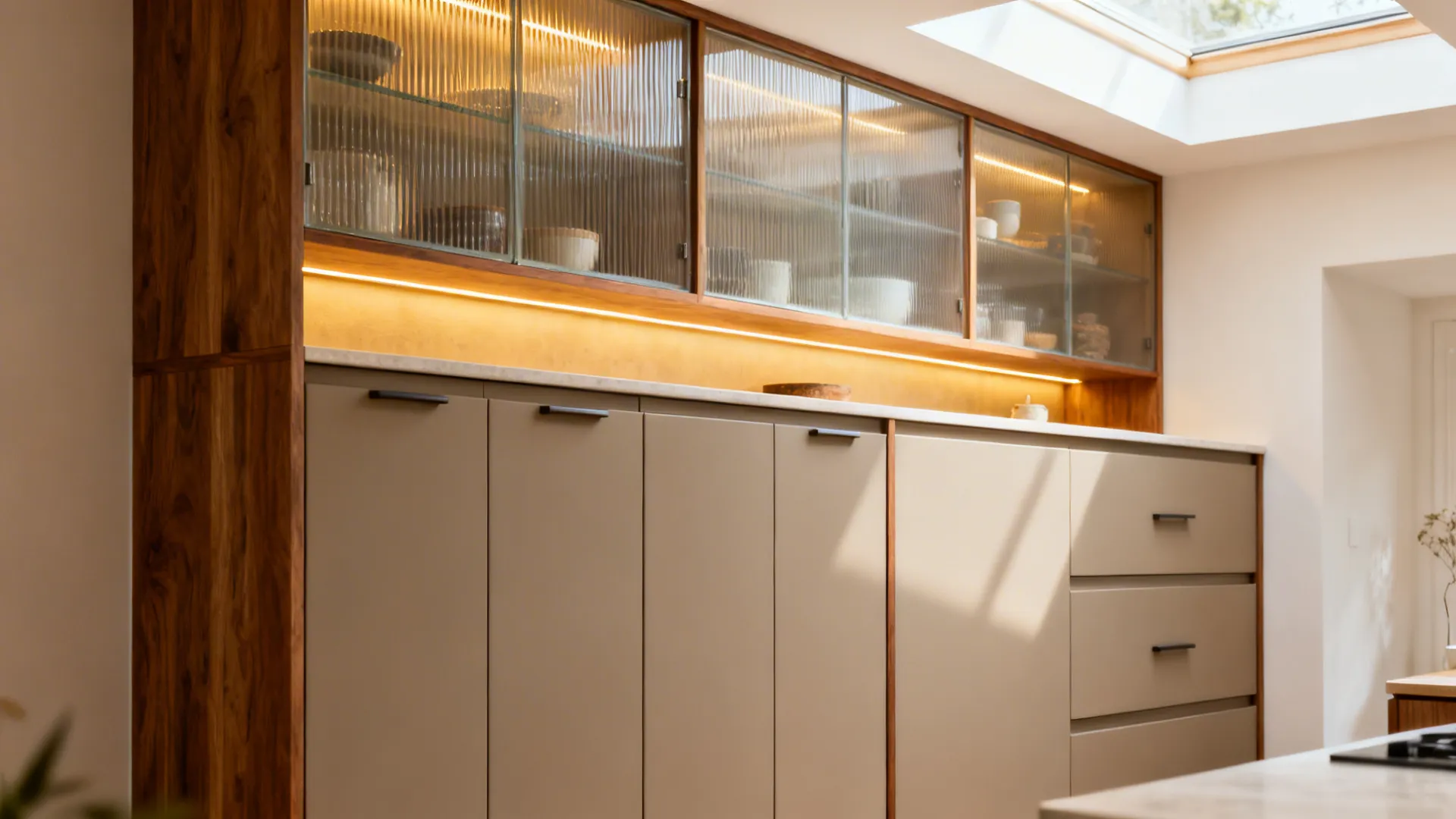 Tall unit with frosted glass display uppers and closed drawers below with warm LED lighting.