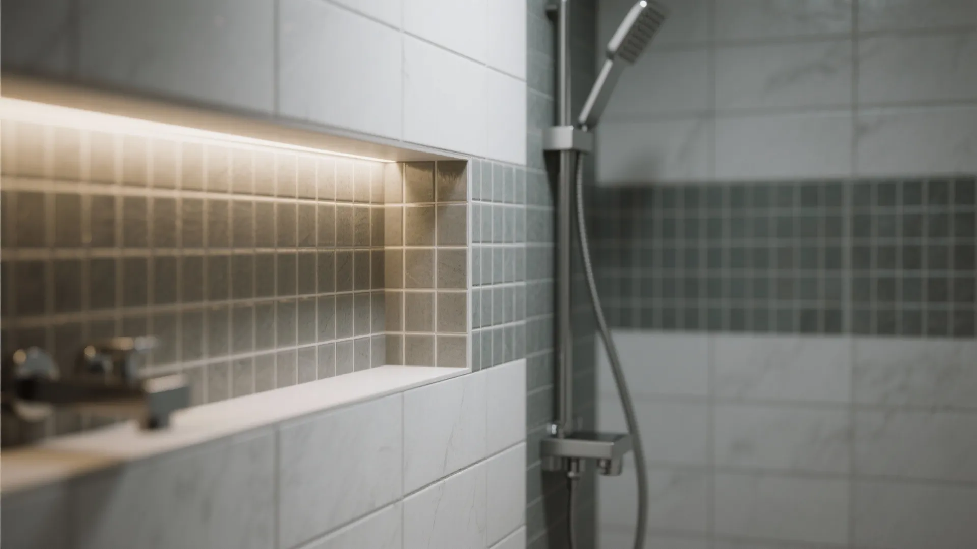 Close-up of junction where horizontal wall tiles meet vertical shower niche tiles with matching grout for a cohesive look.