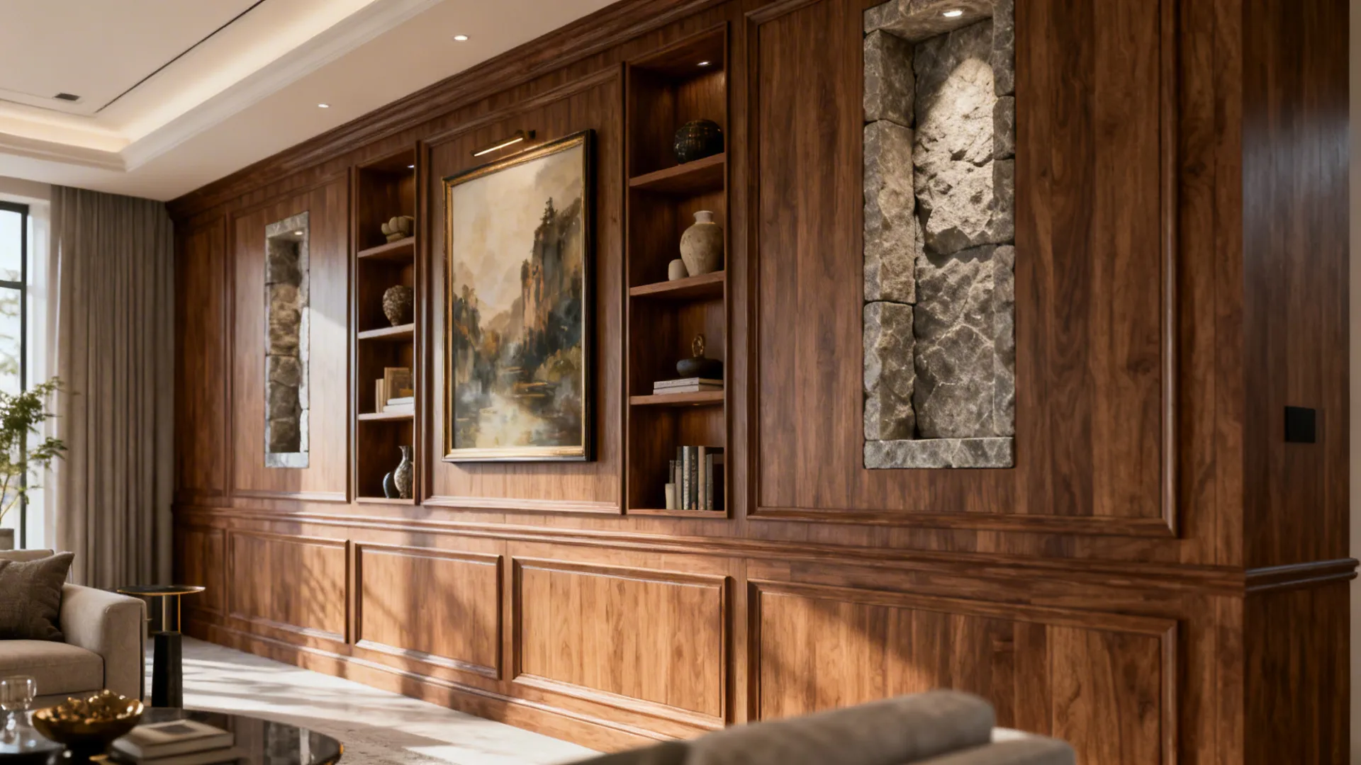 Gallery-like wall with wood paneling and stone insets framing artwork and shelving in a living room.