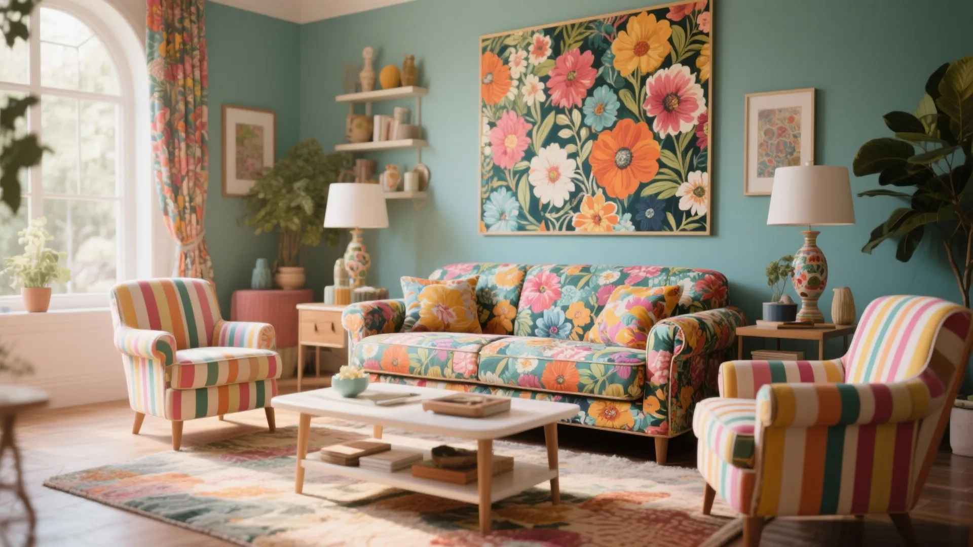 Colorful living room with floral sofa striped armchairs large flower painting and blue wall paint
