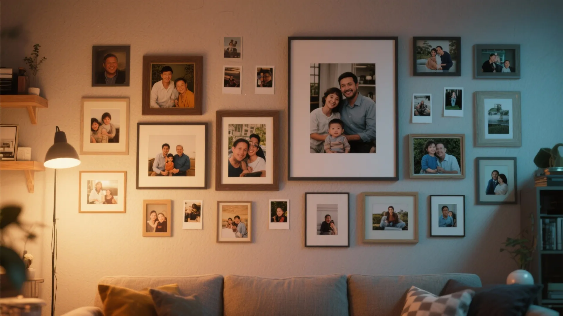 Living room wall gallery with various sizes of framed family photos illuminated by warm lamp light