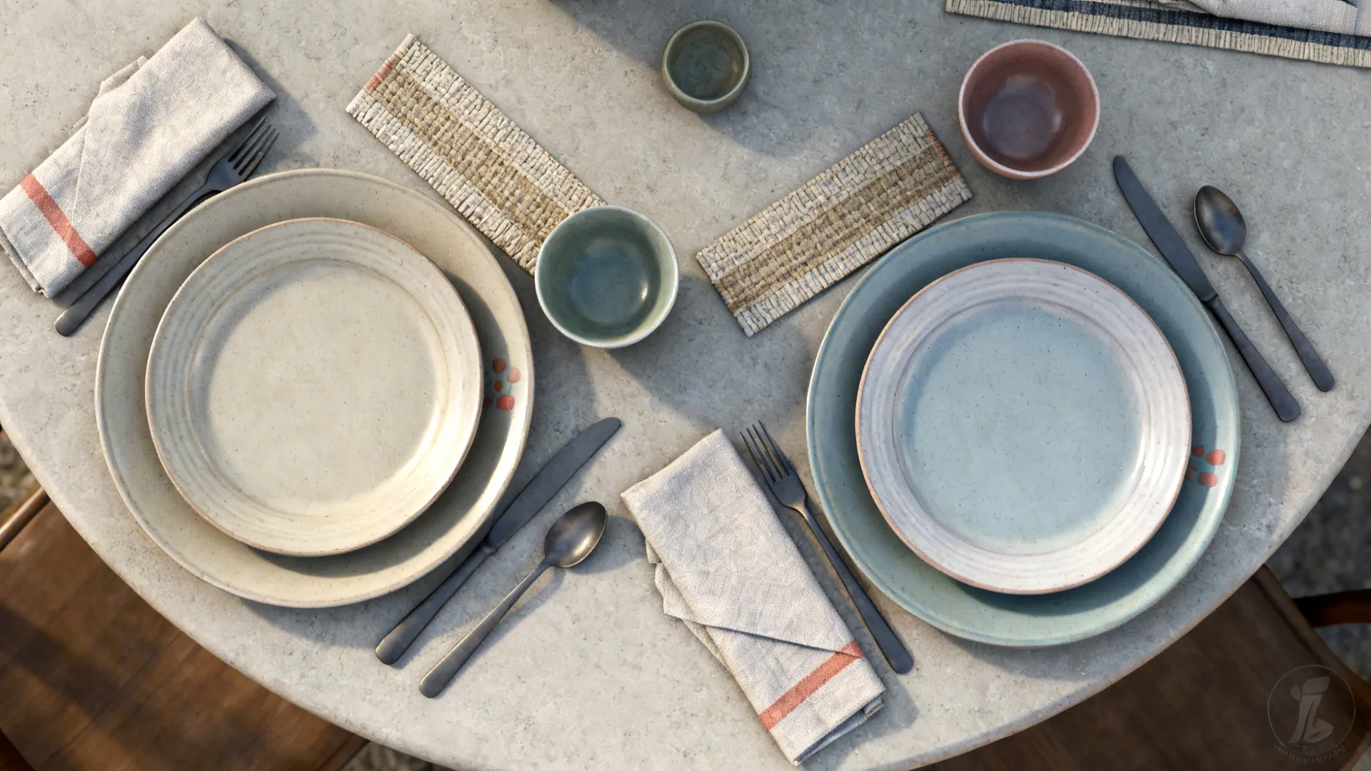 Top-down view of mixed coordinated place settings with neutral and accent plates and cloth napkins.
