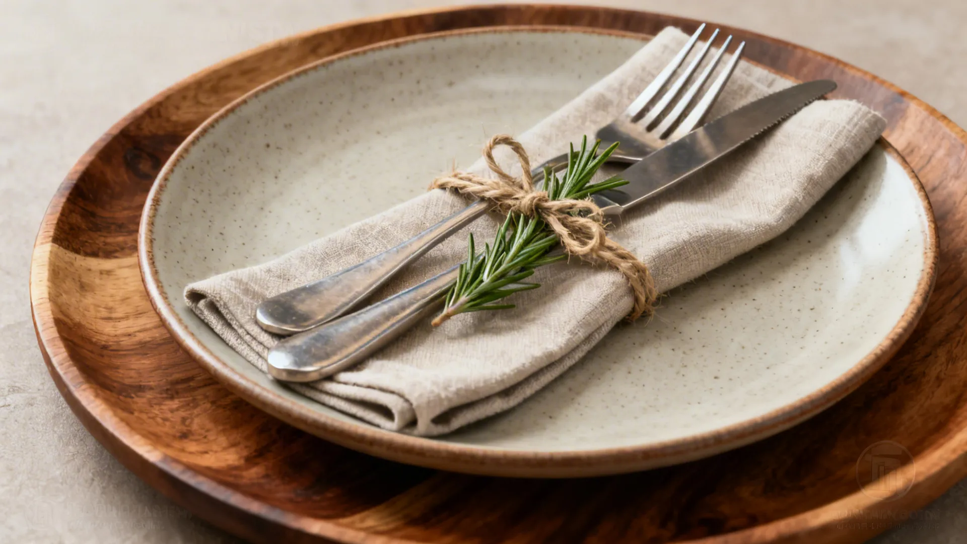 Mixed-material place setting with ceramic plate, wooden charger and a twine-tied napkin
