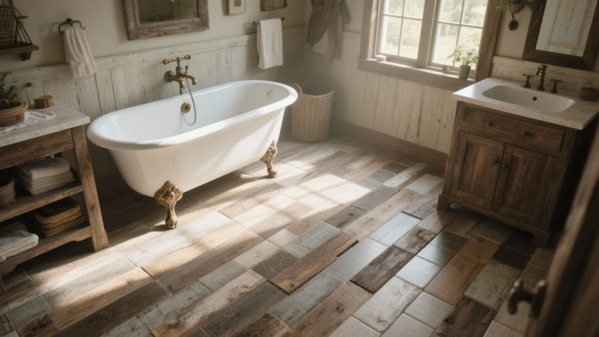 Country style bathroom with white bathtub wooden floor tiles wood cabinet and bright window light