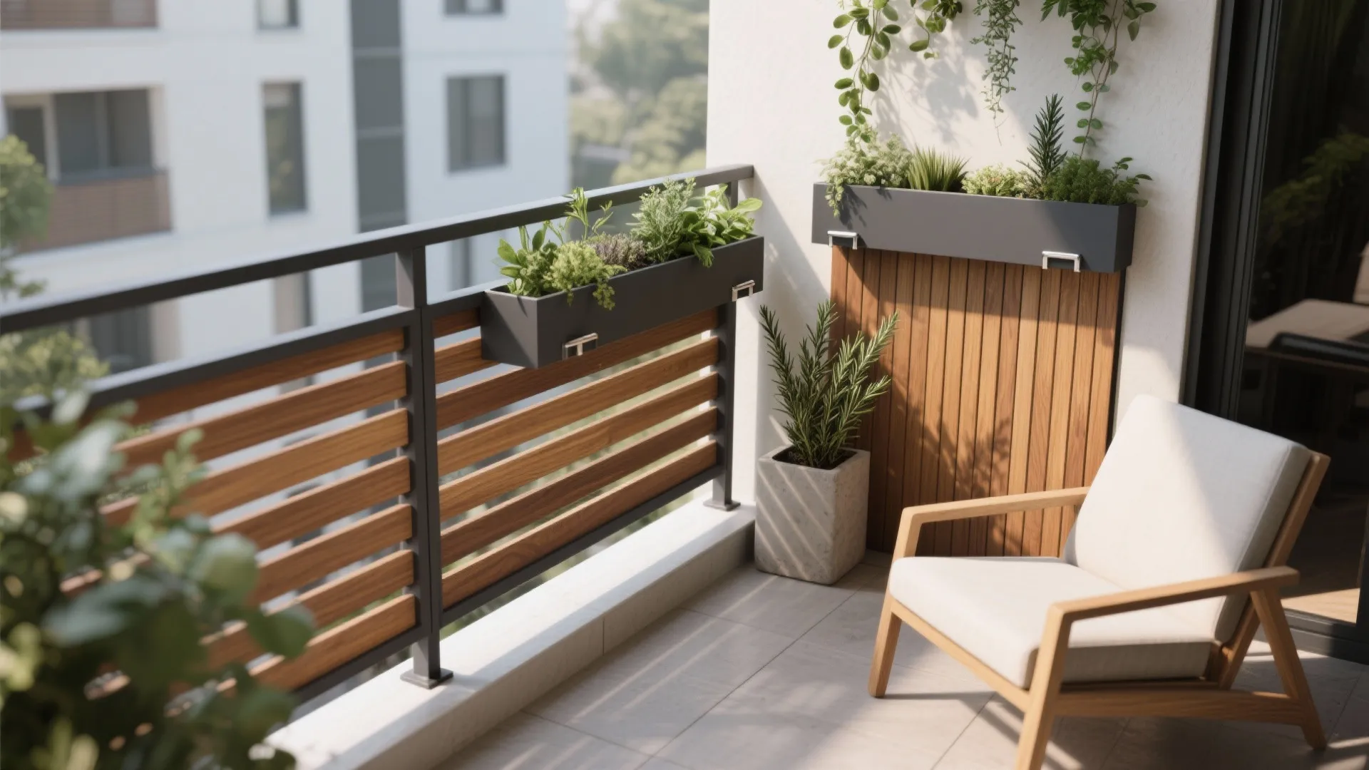 Modern balcony with wooden railing, black plant boxes, green leaves, white chair, and floor tiles