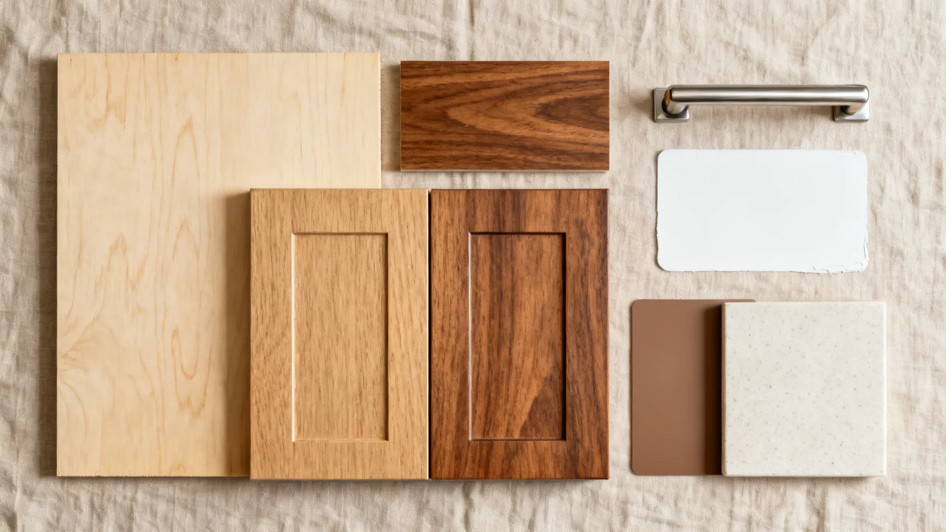 Material flat lay showing birch plywood interior, oak and walnut veneers, matte laminate, and hardware.