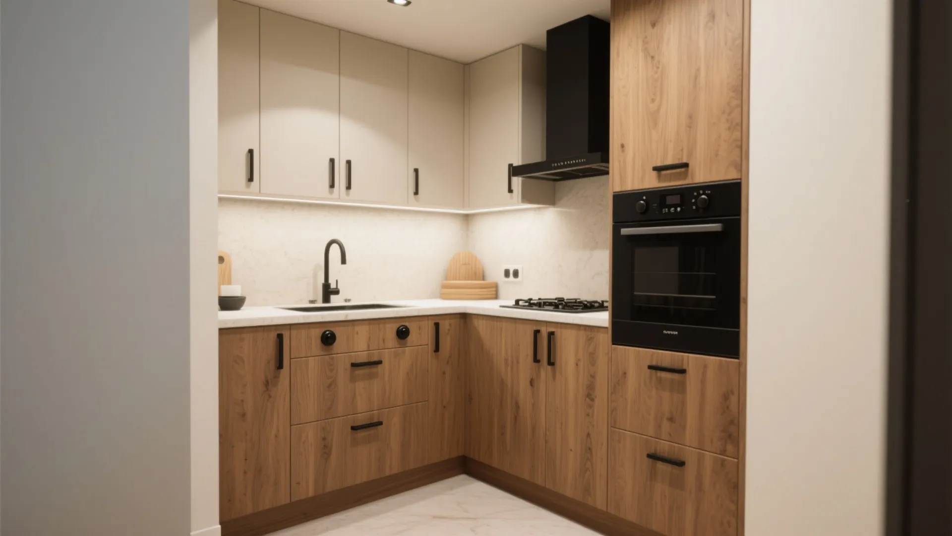 Modern kitchen with wood and cream cabinets black handles oven stove sink and warm light