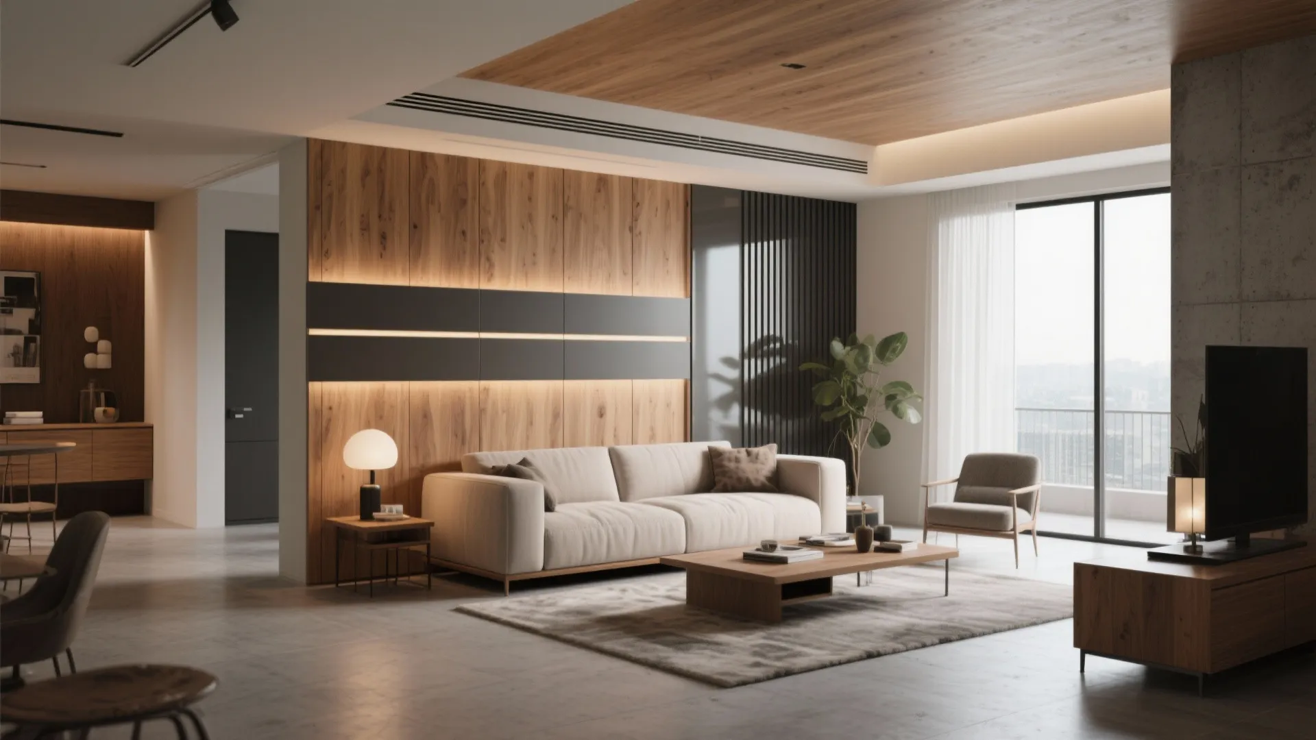Open-plan living room featuring two styles of PVC wall panels