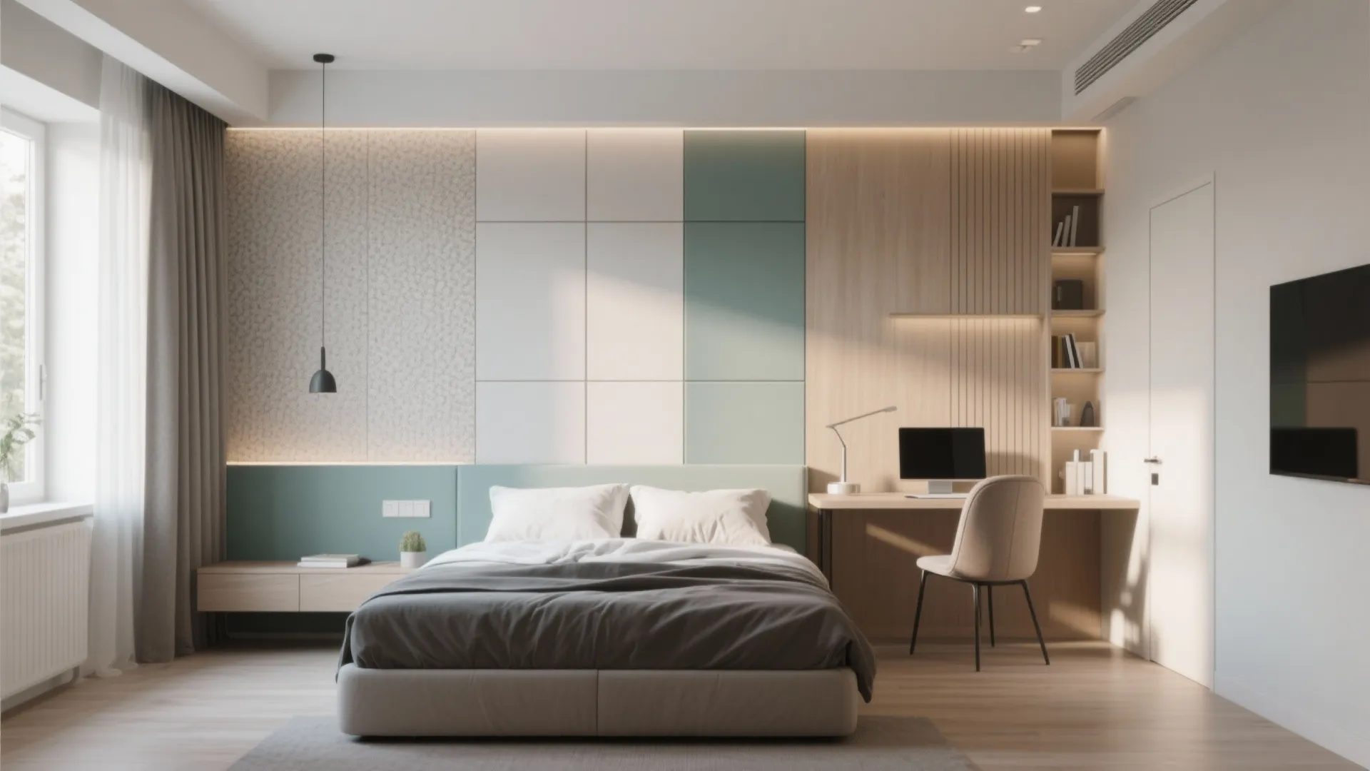 Minimalist bedroom featuring green and white wall panels beside a wooden desk and workspace area setup