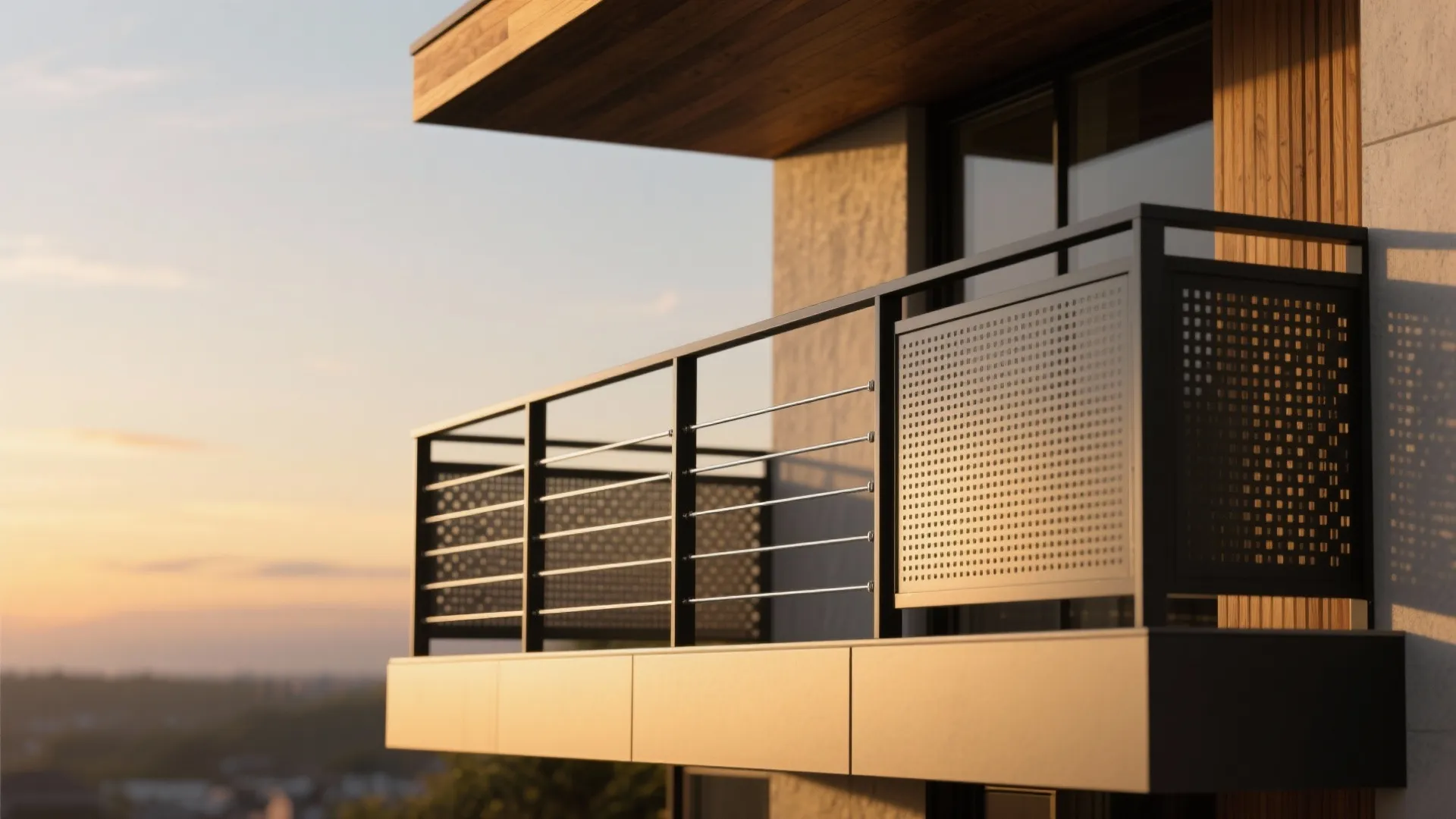 Mixed Materials: Cable, Perforated Panels, and Warm Wood