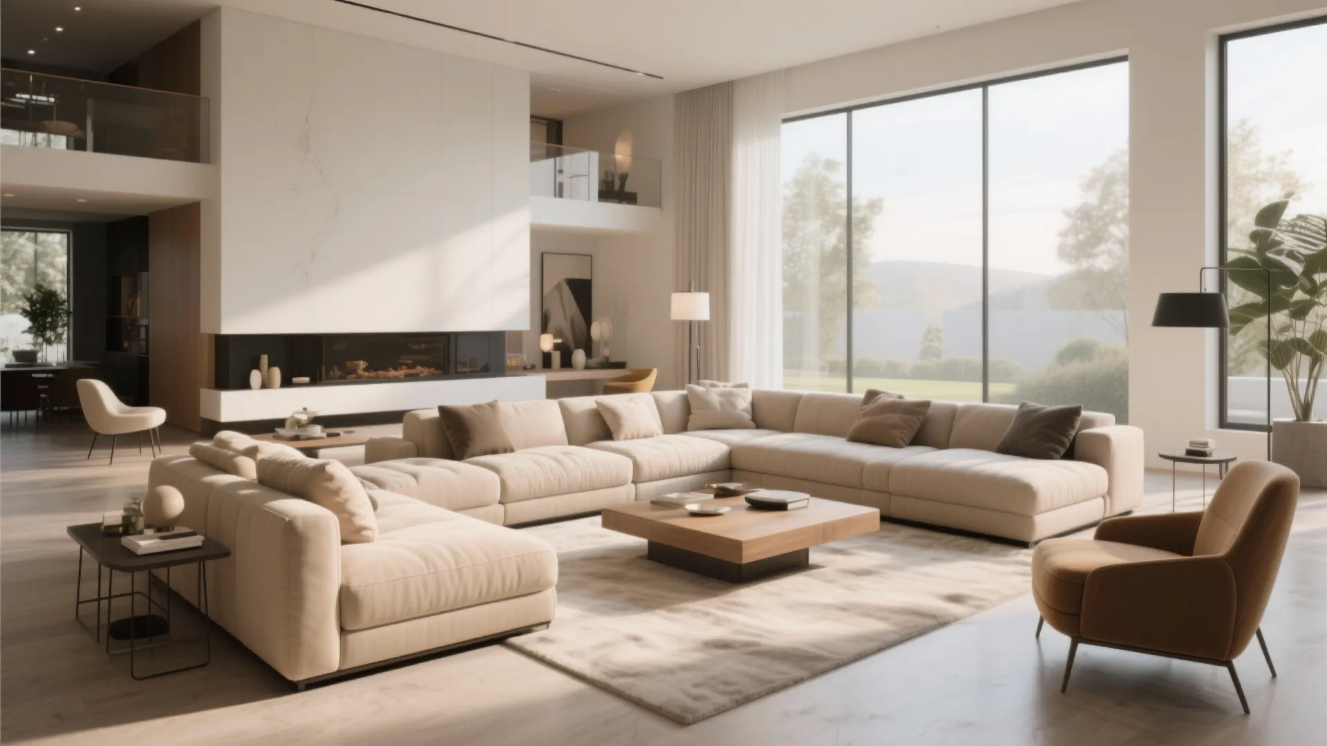 Spacious living room with large beige sectional sofa wooden coffee table and big windows showing