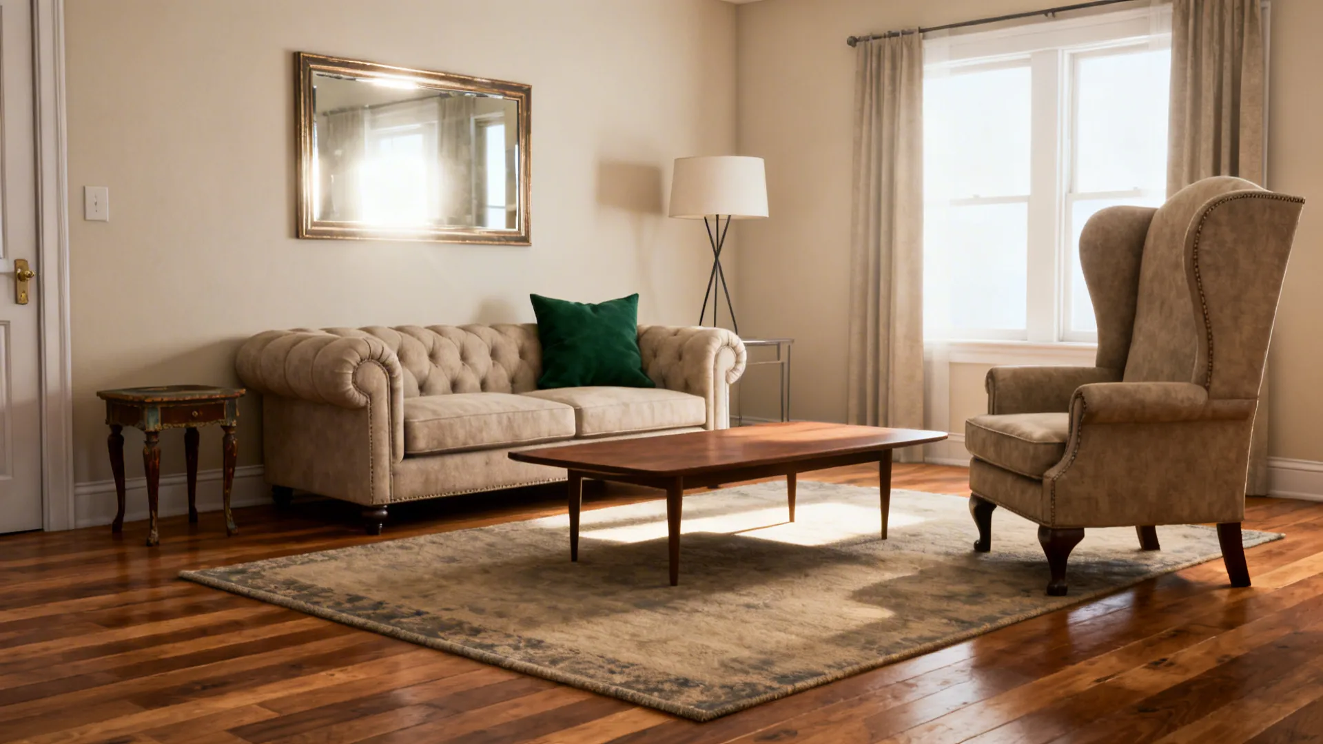 Small traditional living room with mixed-scale furniture: rolled-arm sofa, wingback chair, and low coffee table.